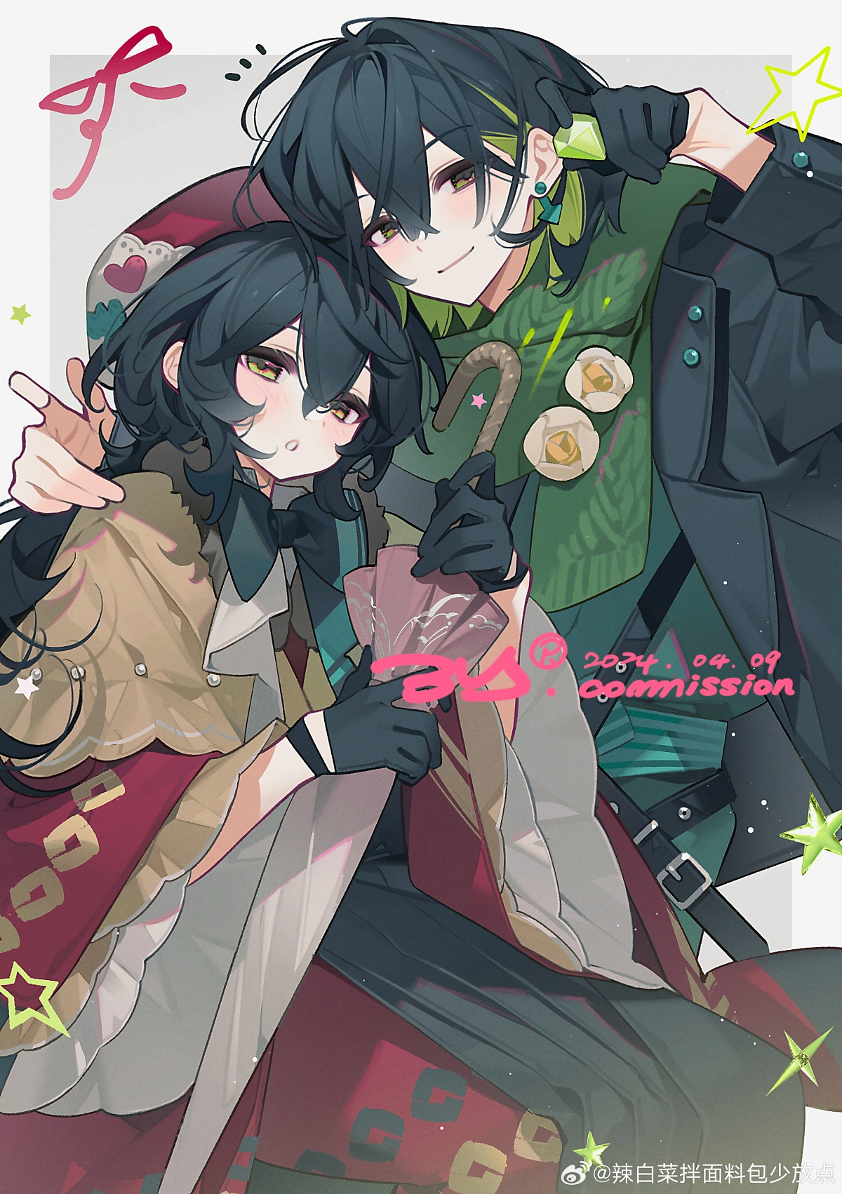 yuanyunyu 3y, highres, non-web source, 1boy, 1girl, ahoge, black gloves, black hair, blush, closed mouth, coat, earrings, fingerless gloves, gloves, hair between eyes, jewelry, long hair, long sleeves, multiple boys, red eyes, short hair, sitting