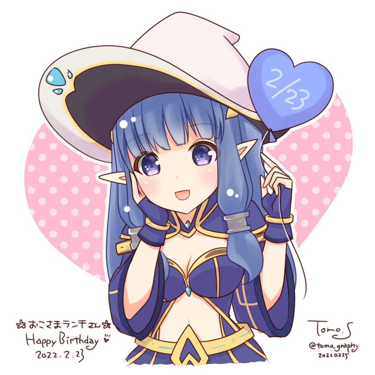 sakuraji tomoka, arcane master (ragnarok masters), ragnarok masters, ragnarok online, commentary request, highres, 1girl, balloon, blue dress, blue eyes, blue gloves, blue hair, blush, breasts, cleavage, clothing cutout, dated, dress, fingerless gloves, gloves, happy birthday, hat, heart, heart balloon, long hair, looking at viewer, medium breasts, navel, open mouth, pointy ears, signature, smile, solo, stomach cutout, upper body, white background, white hat, witch hat