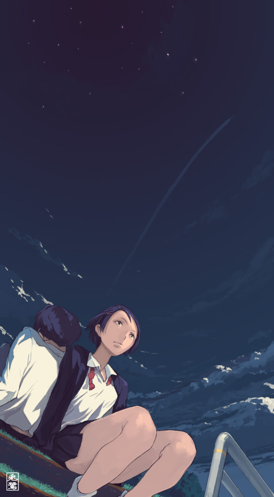 toro (konirio), original, 1boy, 1girl, back-to-back, cloud, contrail, grass, night, school uniform, sitting, sky, star (sky), star (symbol), starry sky, tree