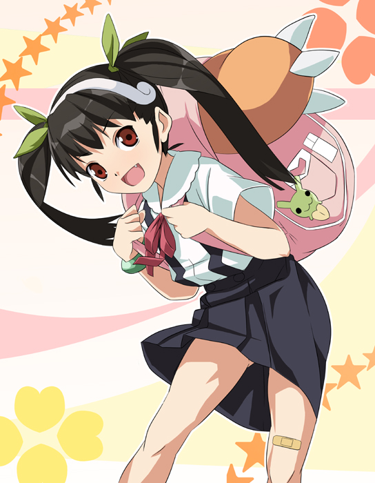 date (senpen), hachikuji mayoi, bakemonogatari, monogatari (series), 00s, backpack, bag, randoseru, skirt, solo, suspender skirt, suspenders, twintails