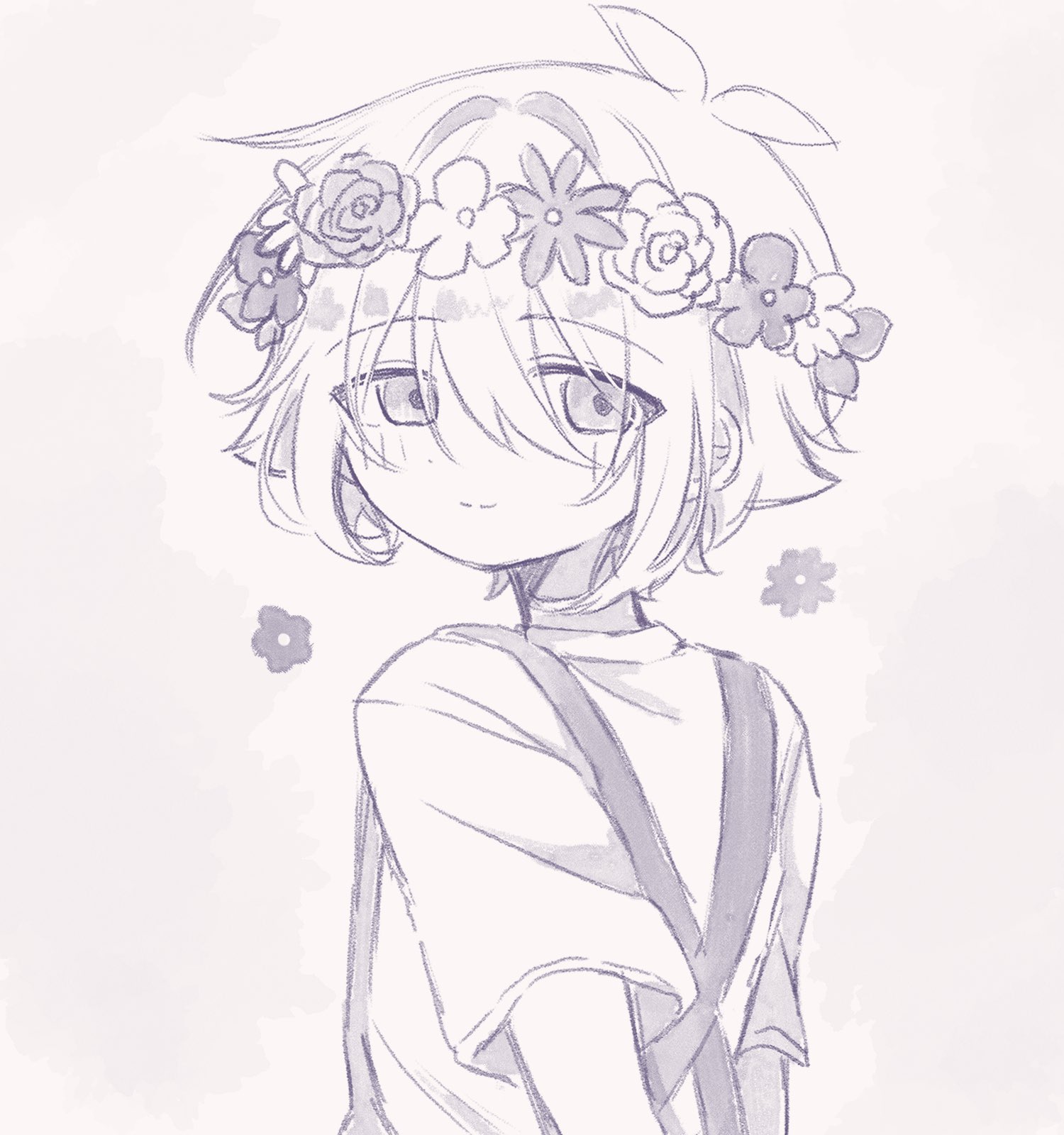 basil (headspace) (omori), basil (omori), omori, commentary request, highres, 1boy, antenna hair, closed mouth, double-parted bangs, flower wreath, from behind, greyscale, hair between eyes, head wreath, looking at viewer, looking back, male focus, mimi utlove, monochrome, overalls, shirt, short hair, short sleeves, sidelocks, smile, solo, t-shirt, upper body