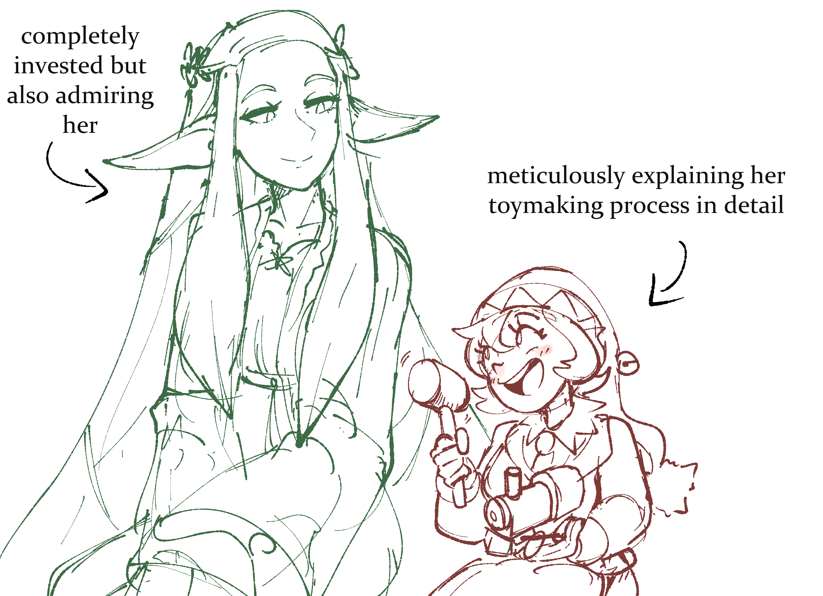 juno son, original, commentary, english commentary, highres, 2girls, bell, blush, elf, english text, eye contact, hammer, hat, holding, holding hammer, jingle bell, long hair, long sleeves, looking at another, medium hair, multiple girls, pointy ears, sketch, toy train, very long hair