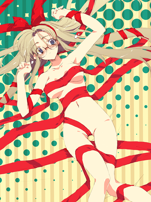 abimaru, original, censored, convenient censoring, glasses, naked ribbon, ribbon, solo