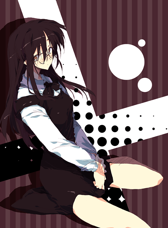 abimaru, original, 1girl, bare legs, barefoot, brown hair, female focus, full body, glasses, long hair, long sleeves, looking at viewer, own hands together, rimless eyewear, round eyewear, sitting, solo, striped background, vertical stripes, yokozuwari