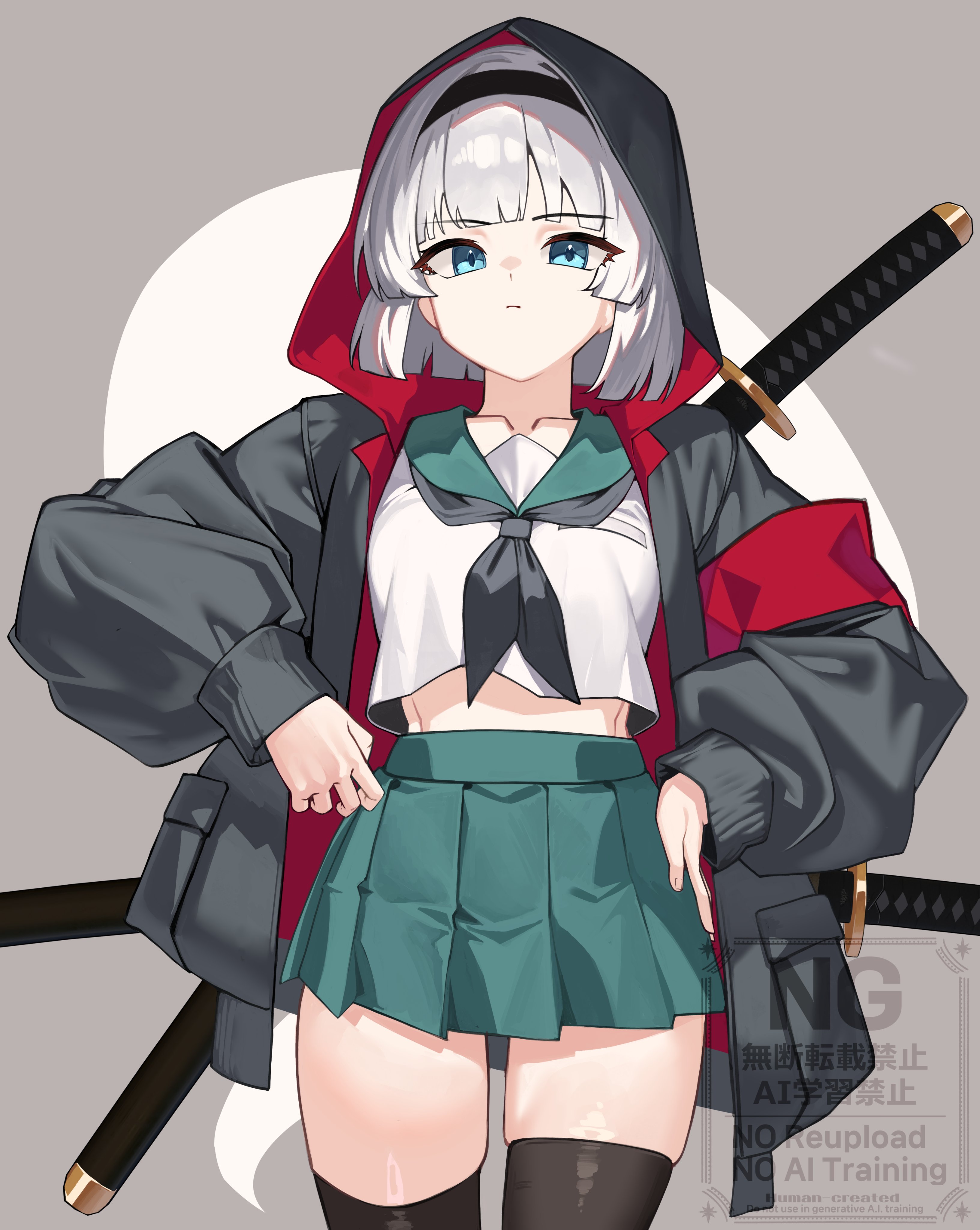 qwas69, konpaku youmu, konpaku youmu (ghost), touhou, absurdres, commentary, highres, 1girl, black hairband, black jacket, black neckerchief, black thighhighs, closed mouth, cowboy shot, green eyes, green sailor collar, green skirt, grey background, grey hair, hairband, hood, hooded jacket, jacket, long sleeves, looking at viewer, midriff, miniskirt, neckerchief, pleated skirt, puffy long sleeves, puffy sleeves, sailor collar, sailor shirt, shirt, short hair, skirt, solo, sword, sword on back, thighhighs, watermark, weapon, weapon on back, white shirt