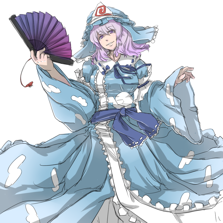 ishikoro, saigyouji yuyuko, touhou, bad id, bad pixiv id, 1girl, female focus, folding fan, hand fan, hat, solo