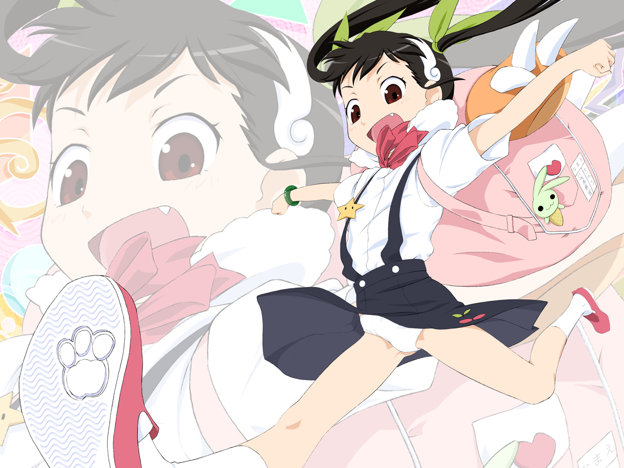 pikuseru, hachikuji mayoi, bakemonogatari, monogatari (series), 00s, backpack, bag, dress, randoseru, ribbon, skirt, socks, solo, suspender skirt, suspenders, twintails, zoom layer