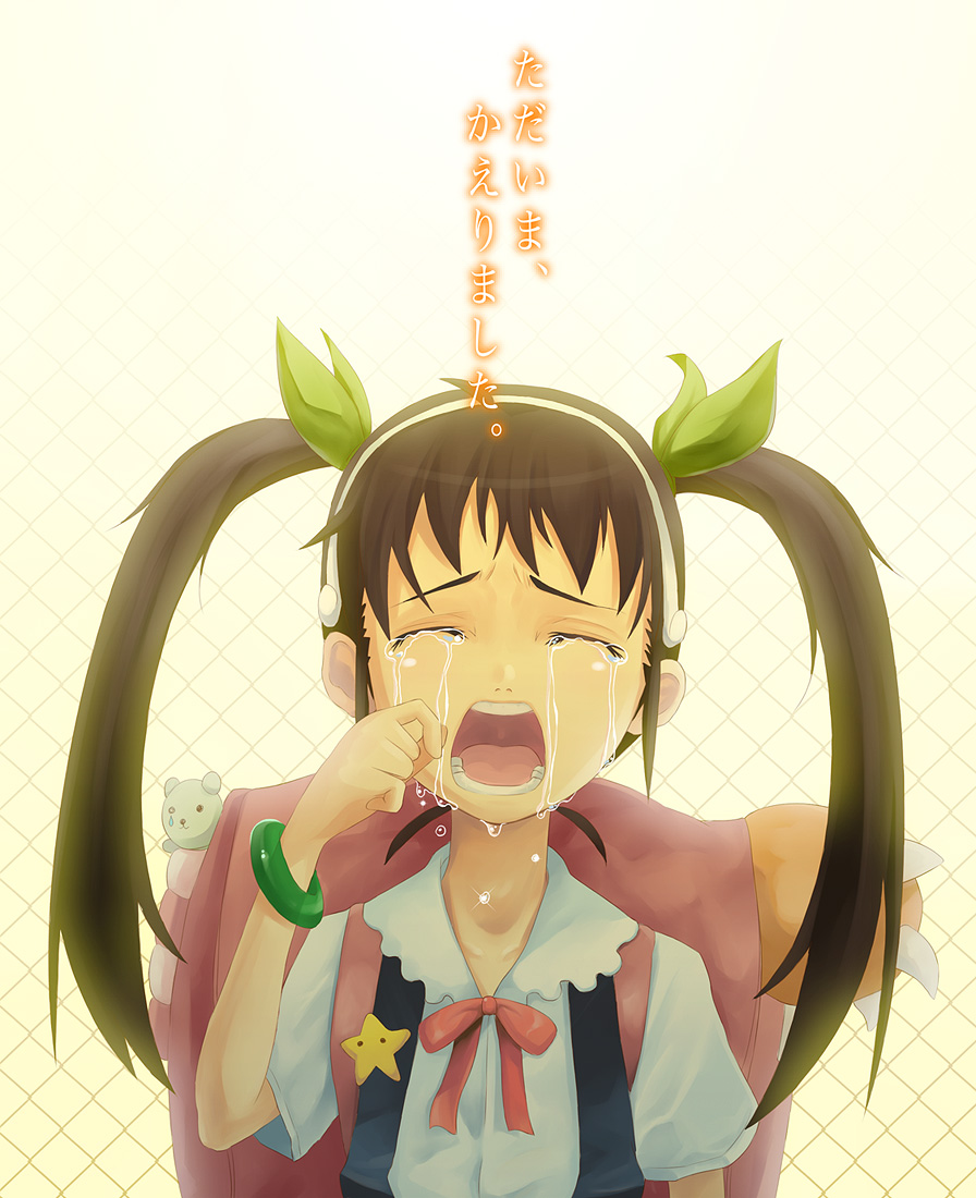 mitsunari, mitsunari (pixiv30740), hachikuji mayoi, bakemonogatari, monogatari (series), 00s, 1girl, backpack, bag, child, crying, dress, fang, female focus, randoseru, socks, solo, tears, twintails