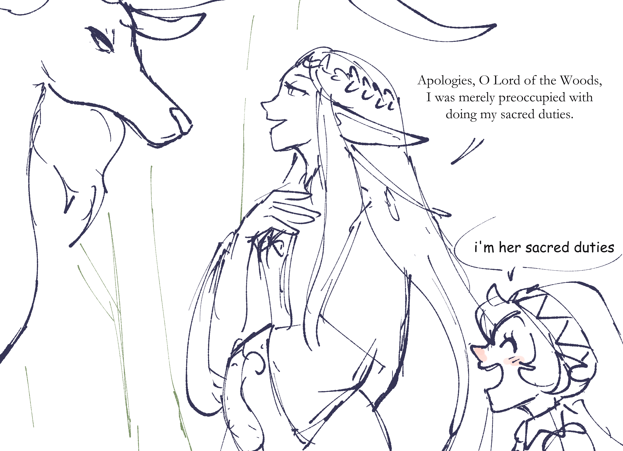 juno son, original, commentary, english commentary, highres, 2girls, :d, deer, elf, hand up, head wreath, multiple girls, open mouth, pointy ears, profile, sketch, smile, speech bubble, yuri