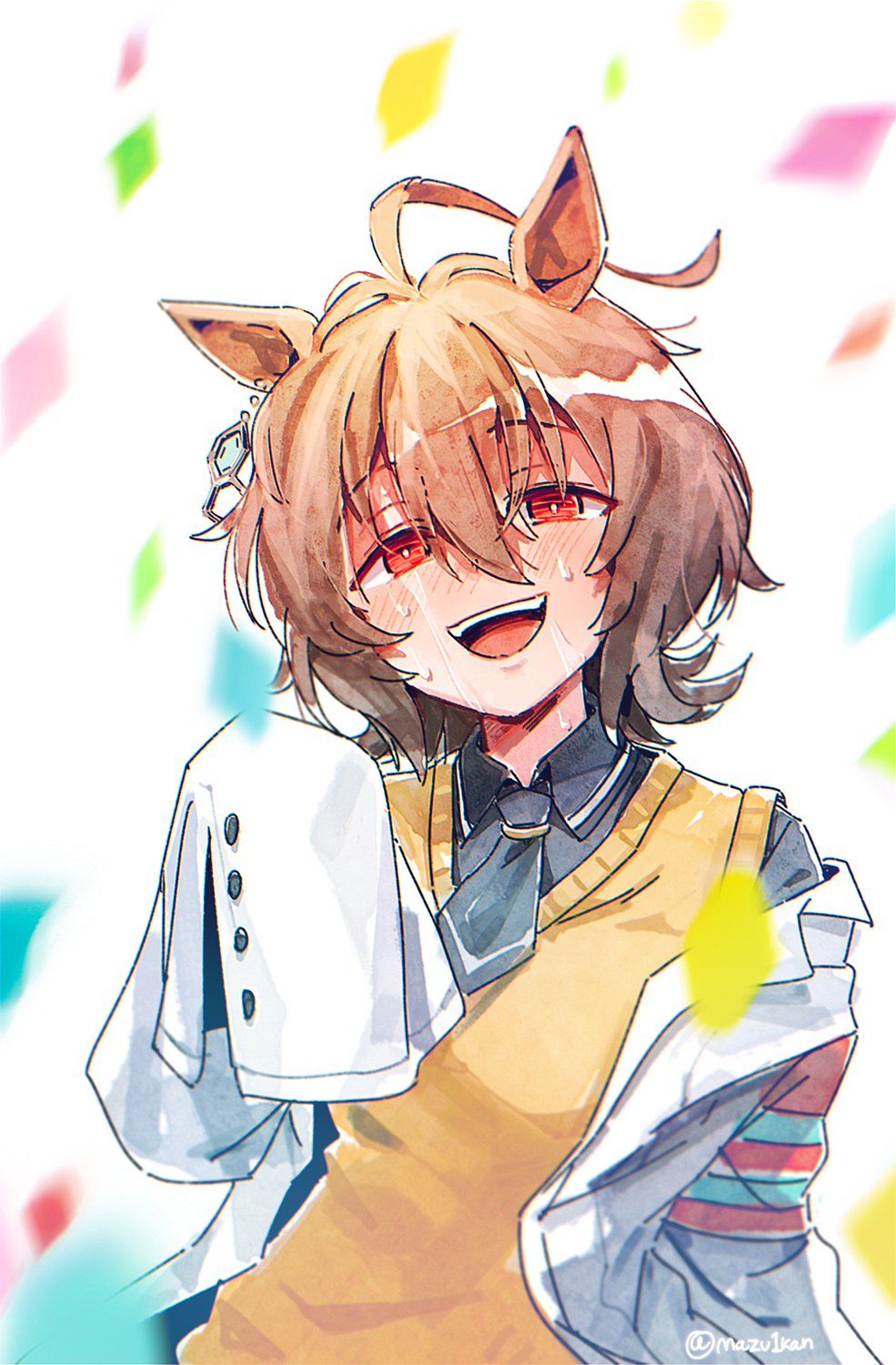 mazu1kan, agnes tachyon (tach-nology) (umamusume), agnes tachyon (umamusume), umamusume, commentary, highres, 1girl, :d, ahoge, animal ears, black necktie, black shirt, brown hair, coat, confetti, dated commentary, earrings, hair between eyes, horse ears, horse girl, huge ahoge, jewelry, lab coat, long sleeves, looking at viewer, medium hair, necktie, open mouth, red eyes, shirt, short necktie, simple background, single earring, sleeves past fingers, sleeves past wrists, smile, solo, sweater vest, teeth, upper body, upper teeth only, white background, white coat, yellow sweater vest