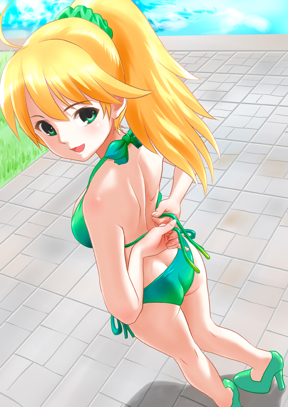 ponnetsu, hoshii miki, idolmaster, idolmaster (classic), 00s, 1girl, bikini, blonde hair, butt crack, female focus, from above, green bikini, green eyes, halterneck, high heels, long hair, looking up, ponytail, pumps, shoes, side-tie bikini bottom, solo, string bikini, swimsuit, tying