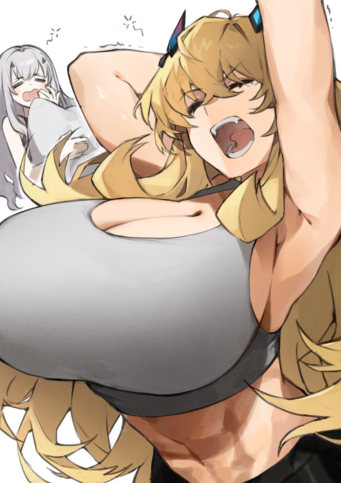 yamabuki otk, barghest (fate), melusine (fate), fate/grand order, fate (series), highres, 2girls, abs, alternate costume, arms up, blonde hair, blush stickers, breasts, cleavage, closed eyes, crop top, crossed bangs, fangs, forked eyebrows, grey hair, grey shirt, hair between eyes, hair ornament, hairclip, hand to own mouth, hand up, holding, holding pillow, horns, huge breasts, long hair, midriff, multiple girls, navel, open mouth, pillow, shirt, simple background, sleeveless, sleeveless shirt, squeans, stretching, tearing up, teeth, toned, toned female, tongue, white background, yawning