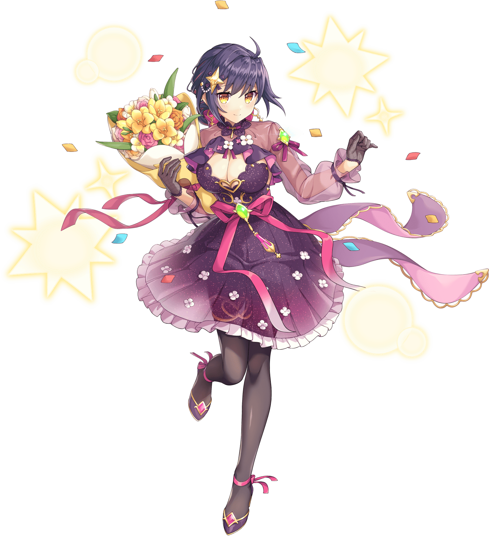 gilles de rais (legend clover), legend clover, artist request, game cg, highres, official art, third-party source, 1girl, bouquet, breasts, cleavage, dress, earrings, eight-pointed star, flower, four-pointed star, full body, gloves, hair ornament, jewelry, light smile, official alternate costume, orange eyes, purple hair, see-through clothes, short hair, solo, star (symbol), star hair ornament, transparent background