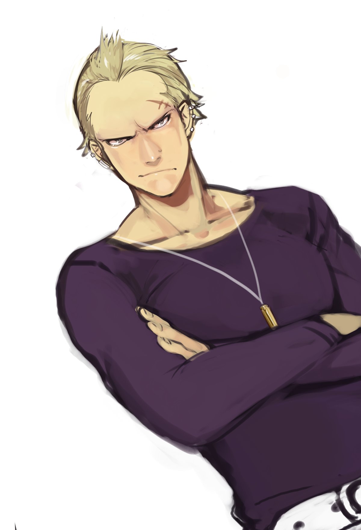 ponta (aka 7280), tatsumi kanji, persona, persona 4, highres, unfinished, 1boy, :/, belt, belt buckle, blonde hair, blue eyes, buckle, closed mouth, collarbone, crew neck, crossed arms, dutch angle, ear piercing, earrings, hair slicked back, jewelry, long sleeves, male focus, multiple earrings, necklace, piercing, scar, scar on face, scar on forehead, short hair, simple background, solo, white background