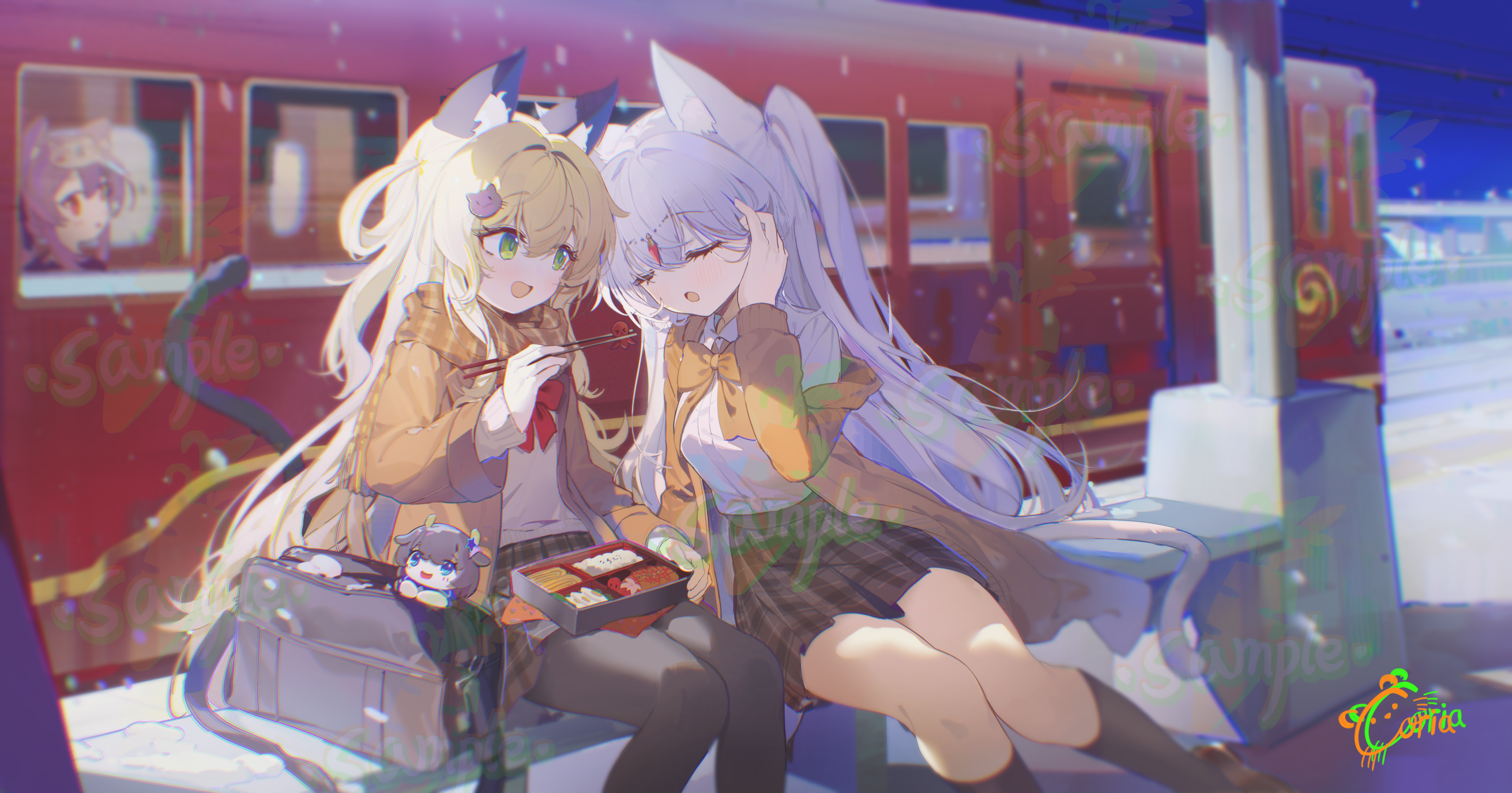 coria, original, commentary request, highres, 3girls, :d, animal ear fluff, animal ears, bento, black leggings, black socks, blonde hair, blue eyes, blue sky, blush, bow, bowtie, breasts, cat ears, cat girl, cat tail, chopsticks, closed eyes, holding, holding chopsticks, jacket, leggings, long hair, long sleeves, looking at another, multiple girls, open mouth, pink hair, plaid clothes, plaid skirt, pleated skirt, purple hair, red bow, red bowtie, red eyes, shirt, signature, sitting, skirt, sky, small breasts, smile, snow, snowing, socks, tail, train, train station, white shirt, yellow bow, yellow bowtie, yellow jacket