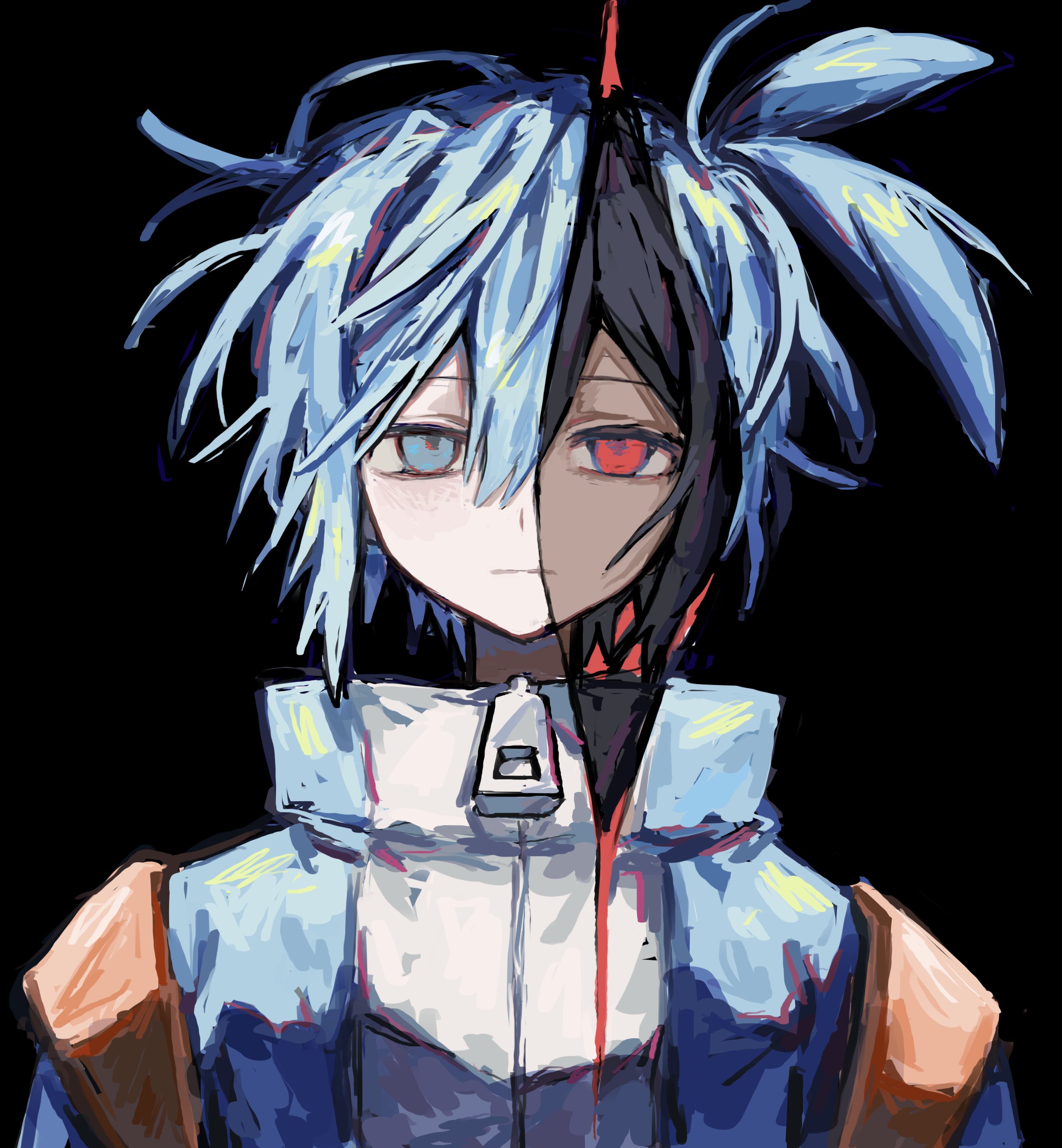 griffon0416, sig (puyopuyo), puyopuyo, absurdres, highres, 1boy, black background, blue eyes, blue hair, closed mouth, double-parted bangs, expressionless, hair between eyes, heterochromia, male focus, red eyes, short hair, simple background, solo, upper body, zipper, zipper pull tab