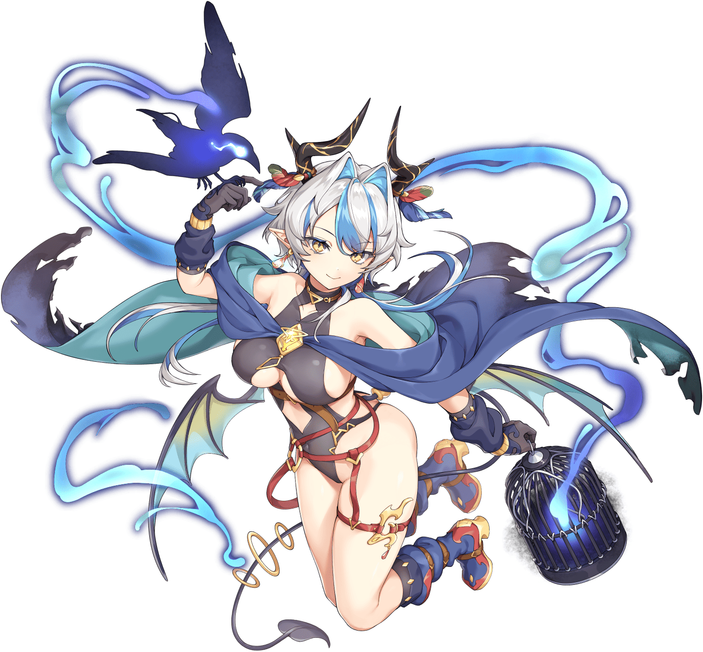 legend clover, artist request, game cg, highres, official art, third-party source, 1girl, barbatos (legend clover), bare hips, bare legs, bare shoulders, bird, blue hair, breasts, cage, cape, crow, demon horns, demon tail, earrings, full body, gloves, high heels, holding, holding cage, horns, jewelry, light smile, pointy ears, sideboob, solo, tail, transparent background, white hair, yellow eyes