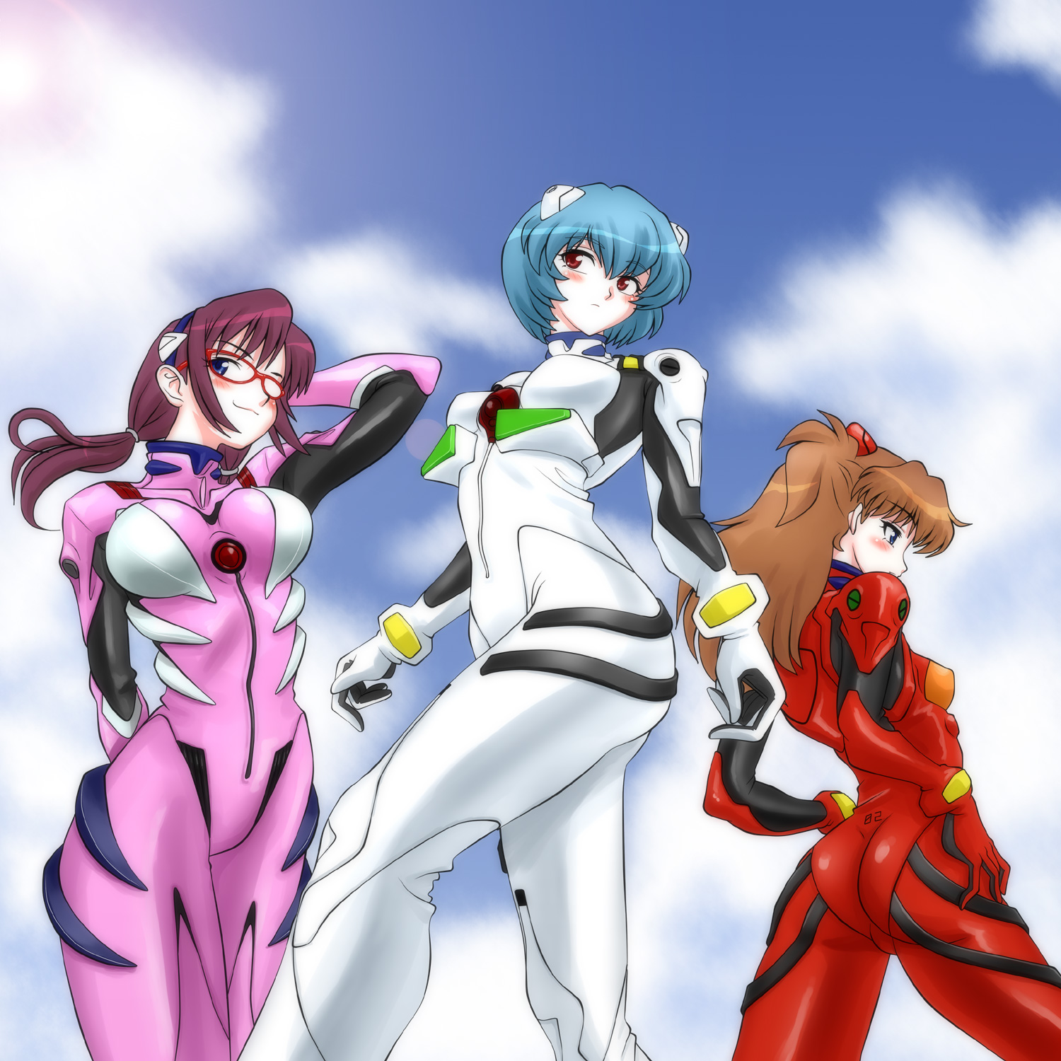 nakao, ayanami rei, makinami mari illustrious, souryuu asuka langley, neon genesis evangelion, rebuild of evangelion, highres, 00s, 3girls, ass, blush, bodysuit, breasts, glasses, looking at viewer, mecha pilot suit, medium breasts, multiple girls, pink bodysuit, plugsuit (evangelion), red bodysuit, white bodysuit