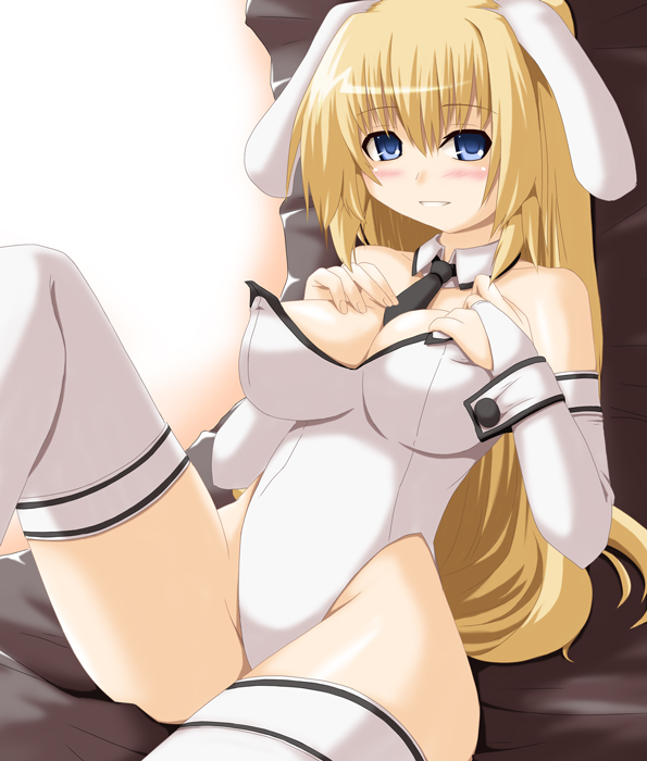 kokorono arika, original, 1girl, animal ears, blonde hair, blue eyes, blush, elbow gloves, fake animal ears, female focus, fingerless gloves, gloves, long hair, necktie, playboy bunny, rabbit ears, solo, thighhighs
