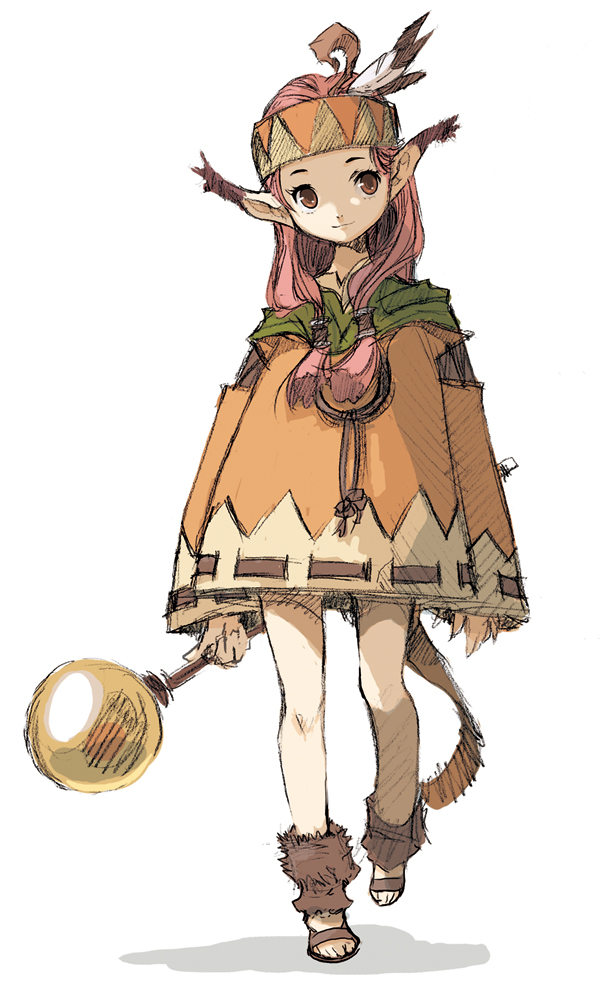 enami katsumi, chiko (puyopuyo), madou monogatari, puyopuyo, 1girl, brown eyes, brown sandals, female focus, full body, hat feather, pink hair, pointy ears, sandals, simple background, solo, standing, white background