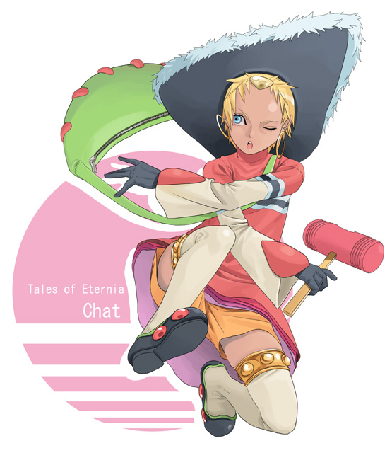gujira, chat (tales), tales of (series), tales of eternia, bad id, bad pixiv id, 00s, 1girl, bag, blonde hair, blue eyes, character name, copyright name, dark-skinned female, dark skin, female focus, gloves, hammer, hat, jewelry, jumping, one eye closed, red shirt, shirt, short hair, shorts, solo, thighhighs, wink