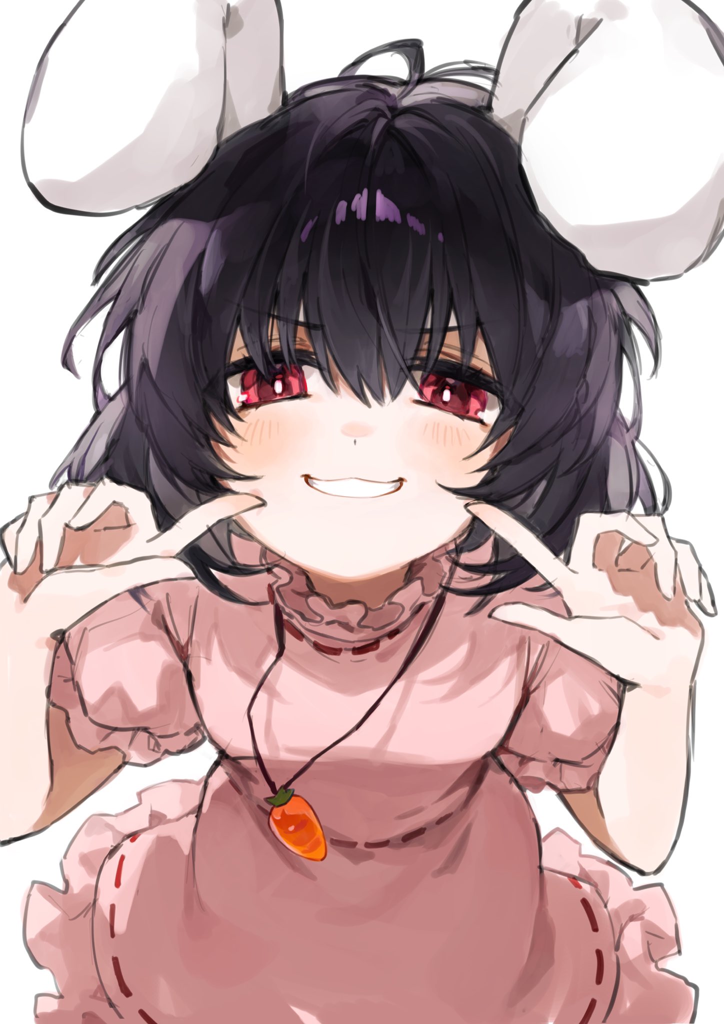 yamabuki otk, inaba tewi, touhou, highres, 1girl, animal ears, black hair, bright pupils, carrot necklace, cowboy shot, dress, floppy ears, grin, hair between eyes, hands up, index finger raised, jewelry, light blush, looking at viewer, necklace, pink dress, pointing, pointing at self, puffy short sleeves, puffy sleeves, rabbit ears, rabbit girl, red eyes, ribbon-trimmed dress, ribbon trim, short hair, short sleeves, simple background, smile, solo, v-shaped eyebrows, white background, white pupils