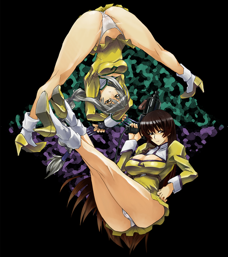 skj, delmo, golden delmo, sania (agent aika), tonia (agent aika), agent aika, aika (series), white legwear, 1990s (style), 2girls, ass, black background, bobby socks, boots, braid, breasts, brown hair, cameltoe, cleavage, cleavage cutout, clothing cutout, dress, frown, full body, gun, hair intakes, hand on own hip, hands reach floor, high heels, kneepits, large breasts, long hair, looking at viewer, looking through own legs, medium breasts, multiple girls, panties, pantyshot, pumps, retro artstyle, shoes, short dress, skin tight, skirt, socks, spread legs, thighs, underwear, upskirt, v-shaped eyebrows, weapon, white hair, white panties, yellow boots, yellow shoes