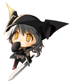 ran system, succubus (mabinogi), mabinogi, nexon, archived source, commentary request, korean commentary, lowres, 1girl, black boots, black dress, black gloves, black hat, blush, boots, chibi, chibi only, covering own mouth, cowlick, dot nose, dress, full body, gloves, grey hair, hair between eyes, hand over own mouth, hat, hat with ears, holding, holding sword, holding weapon, left-handed, long hair, sidelighting, simple background, strapless, strapless dress, sword, thigh boots, walking, weapon, white background, yellow eyes, yellow pupils