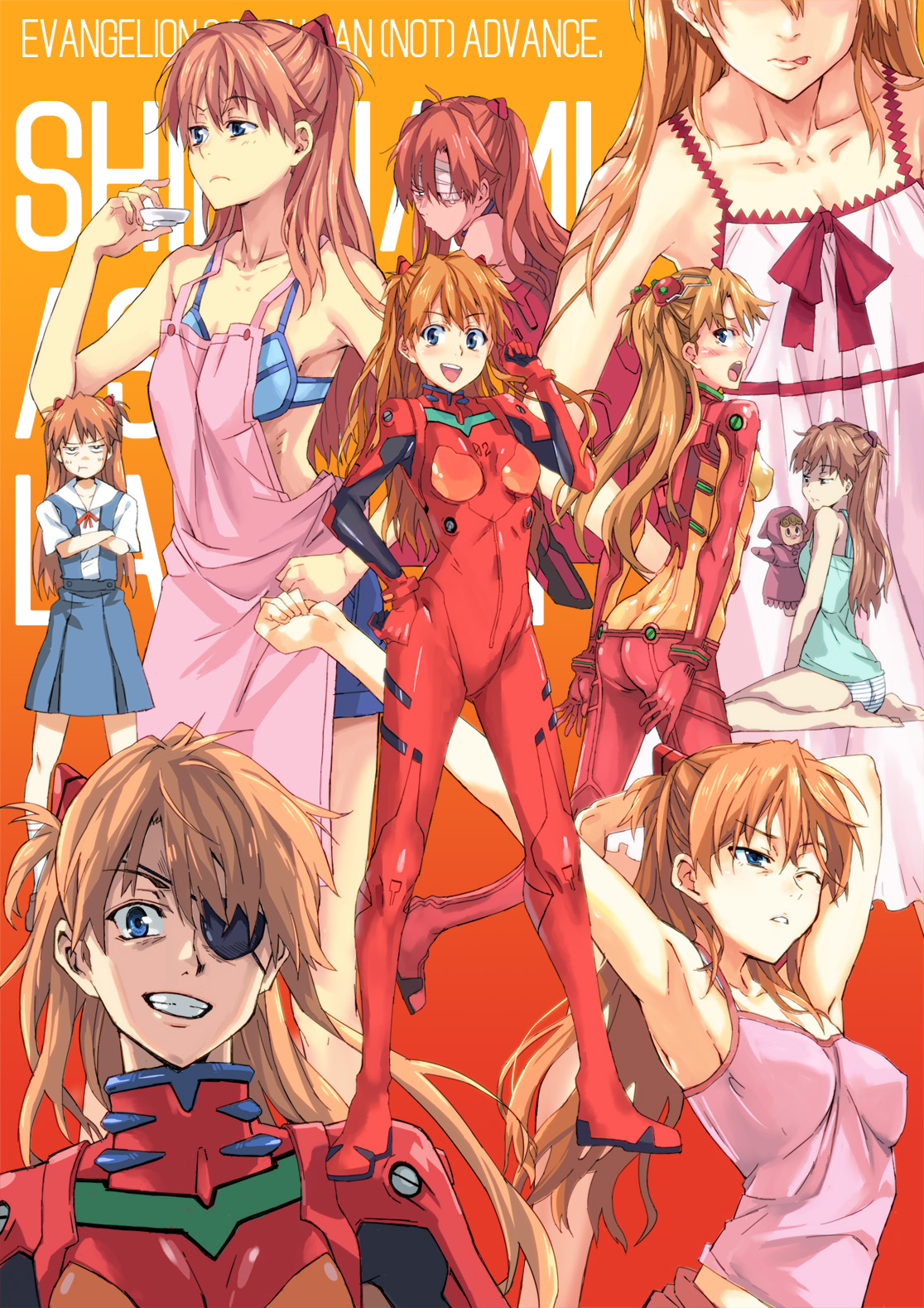 kno1, souryuu asuka langley, evangelion: 2.0 you can (not) advance, evangelion: 3.0 you can (not) redo, neon genesis evangelion, rebuild of evangelion, bad id, bad pixiv id, highres, >:(, 00s, 10s, 1girl, 3:, :d, :o, :p, :t, ahoge, annoyed, apron, arm behind head, armpits, arms up, ass, bandage over one eye, bandages, bare shoulders, barefoot, blue bra, blue eyes, blue panties, blue shorts, blue skirt, blush, bodysuit, bow, bra, bra strap, breasts, brown hair, butt crack, camisole, character name, clenched hand, closed mouth, collarbone, copyright name, covered erect nipples, crossed arms, cup, doll, dress, embarrassed, eyepatch, from side, frown, gradient background, grin, hair between eyes, hair ornament, half-closed eye, half-closed eyes, hand on own hip, hand up, happy, head out of frame, headgear, holding, kneehighs, lace, loafers, long hair, looking at viewer, looking back, looking down, looking to the side, mecha pilot suit, midriff, multiple persona, multiple views, one eye closed, open mouth, orange background, orange hair, panties, parted bangs, parted lips, pink apron, pleated skirt, plugsuit (evangelion), pout, profile, red hair, ribbon, sakazuki, school uniform, see-through clothes, shirt, shoes, short dress, short shorts, shorts, sitting, skin tight, skirt, small breasts, smile, socks, spaghetti strap, spread legs, standing, stretching, striped clothes, striped panties, surprised, suspender skirt, suspenders, test plugsuit (evangelion), tongue, tongue out, turtleneck, twintails, two side up, underwear, uneven eyes, v-shaped eyebrows, wariza, white dress, white panties, white shirt, white socks, wince