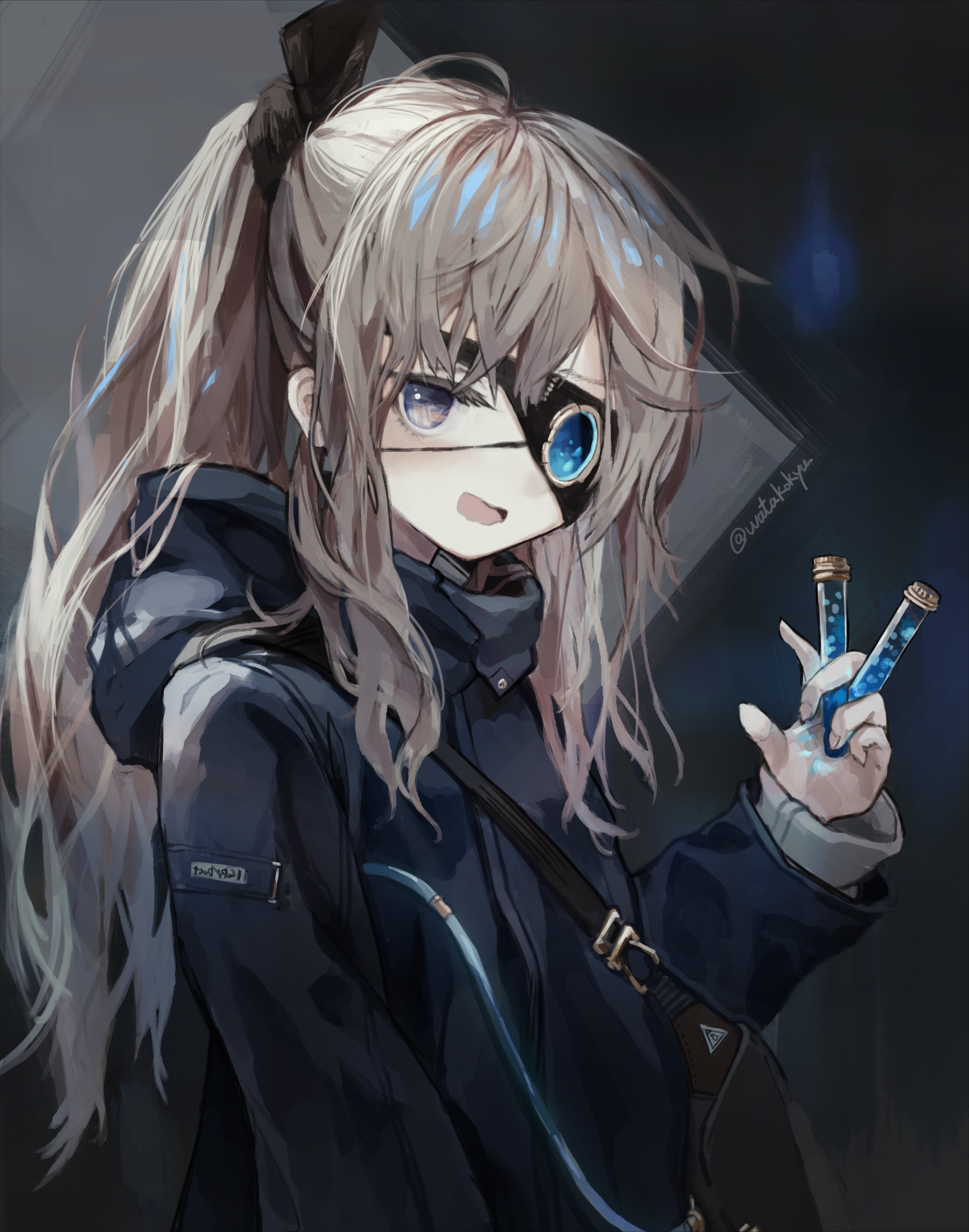 watakokyu, original, absurdres, highres, 1girl, artificial eye, bag, between fingers, black jacket, blue eyes, blue liquid, brown hair, entrojessie monica, eyepatch, grey eyes, grey hair, hair up, high ponytail, holding, holding vial, hood, hood down, hooded jacket, jacket, long hair, long sleeves, looking at viewer, mechanical eye, open mouth, ponytail, purple eyes, shoulder bag, sidelocks, single mechanical eye, smile, solo, tube, twitter username, upper body, very long hair, vial