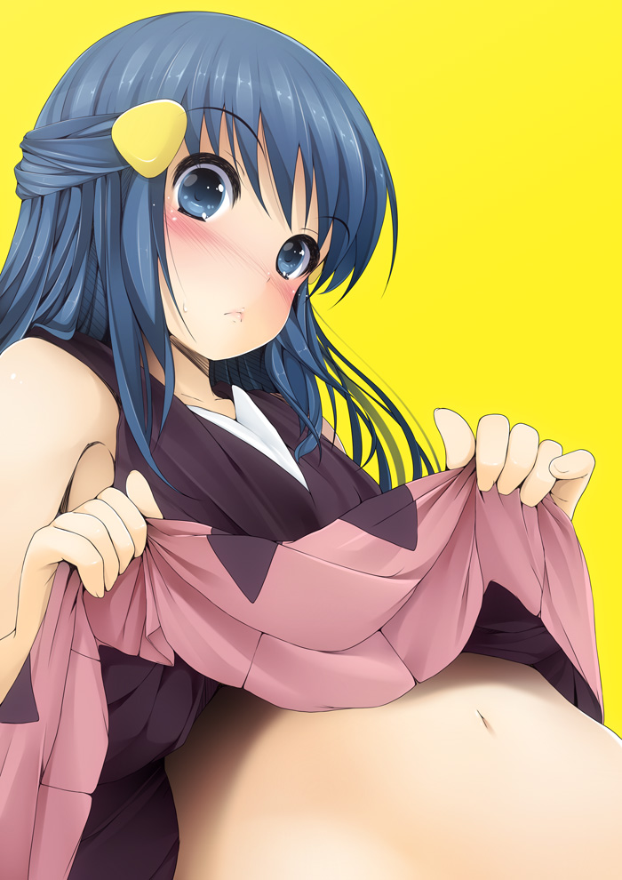 a.betty, betty (pixiv), dawn (pokemon), nintendo, pokemon, bad id, bad pixiv id, 1girl, :<, blue eyes, blue hair, blush, censored, clothes lift, dress, dress lift, female focus, hair ornament, loli, matching hair/eyes, navel, out-of-frame censoring, pinky out, solo