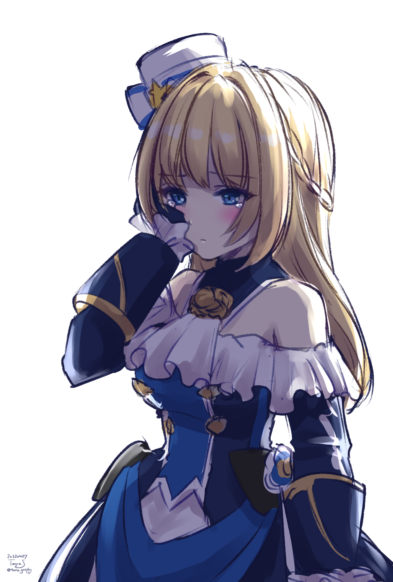 sakuraji tomoka, arch bishop (ragnarok online), ragnarok masters, ragnarok online, commentary request, highres, 1girl, adapted costume, ascot, blonde hair, blue dress, blue eyes, blush, braid, breasts, buttons, closed mouth, cowboy shot, dated, dress, half up braid, hat, hat ornament, long hair, long sleeves, looking afar, medium breasts, off-shoulder dress, off shoulder, pillbox hat, simple background, solo, star (symbol), star hat ornament, tearing up, tears, white ascot, white background, white hat, wiping tears