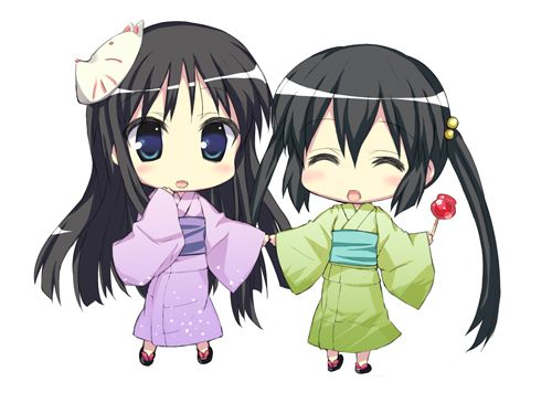 kanna ryouto, ryou (pixiv), akiyama mio, nakano azusa, k-on!, bad id, bad pixiv id, lowres, 00s, 2girls, black hair, blue eyes, blunt bangs, blush, candy, candy apple, chibi, closed eyes, food, fox mask, hime cut, japanese clothes, kimono, long hair, mask, multiple girls, simple background, smile, socks, summer festival, twintails