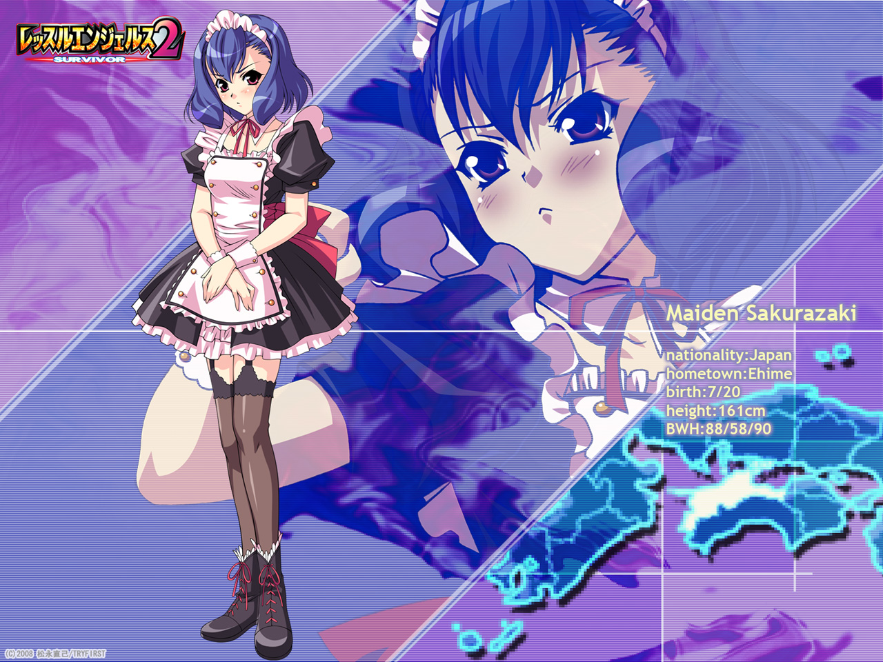 maiden sakurazaki, wrestle angels, wrestle angels survivor, wrestle angels survivor 2, 1girl, :<, blue hair, blush, boots, brown eyes, dress, maid, maid headdress, short hair, thighhighs, wrist cuffs, zettai ryouiki