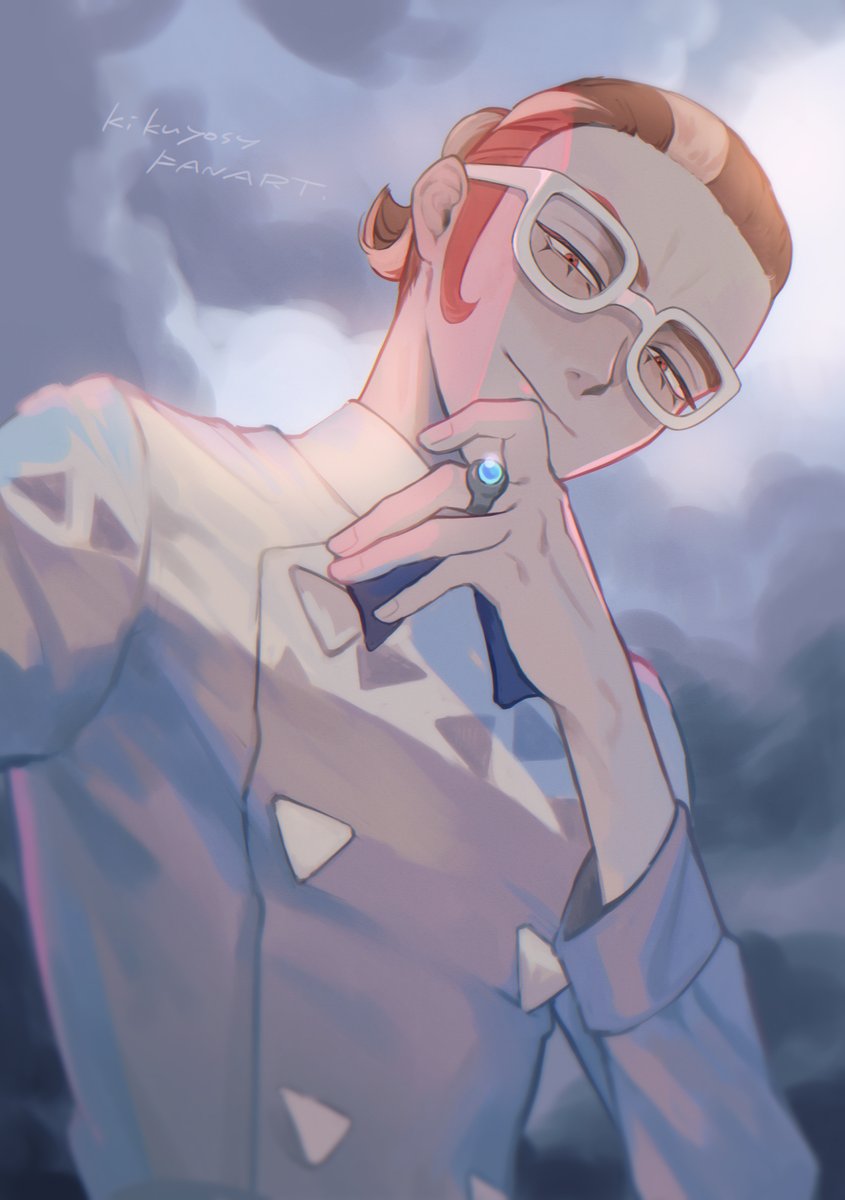 kikuyoshi (tracco), grisham (pokemon), nintendo, pokemon, pokemon legends: z-a, commentary request, highres, 1boy, arm up, closed mouth, cloud, cloudy sky, eyelashes, glasses, hand on own chin, jacket, jewelry, long sleeves, looking at viewer, male focus, multicolored hair, ponytail, red eyes, red hair, ring, short ponytail, sideburns, sky, smile, solo, streaked hair, upper body, white-framed eyewear, white jacket