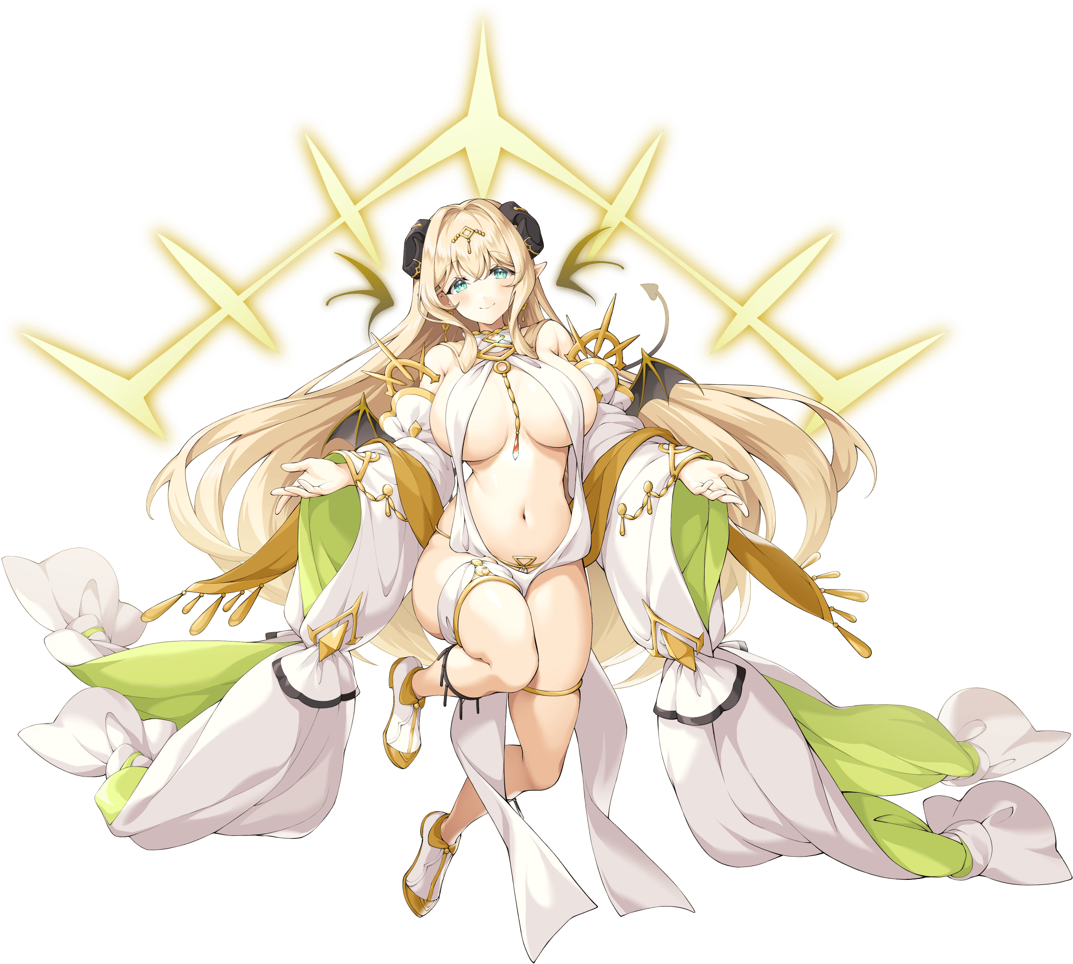 legend clover, artist request, game cg, highres, official art, third-party source, 1girl, bael (legend clover), bare legs, bare shoulders, blonde hair, blue eyes, breasts, demon horns, demon tail, full body, horns, light smile, long hair, navel, pointy ears, shoes, solo, tail, transparent background