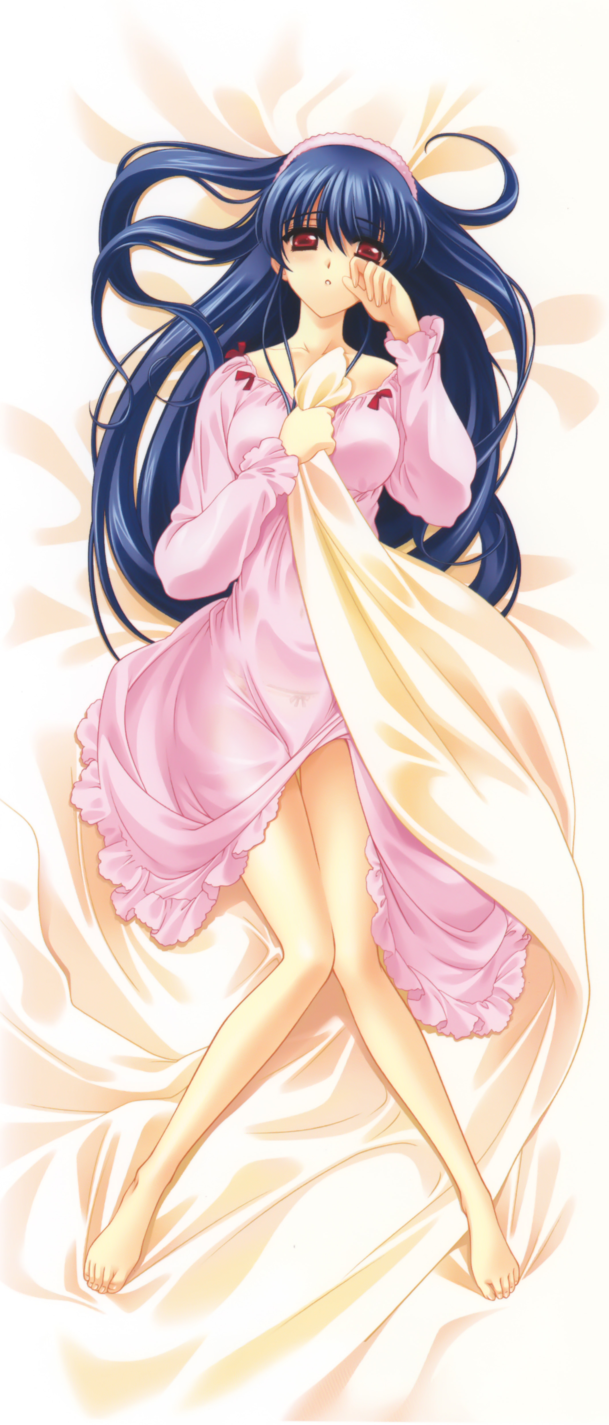 nishida asako, kawakabe momoka, touka gettan, absurdres, highres, 00s, barefoot, blue hair, dakimakura (medium), dress, feet, full body, long hair, lying, panties, red eyes, see-through clothes, solo, underwear