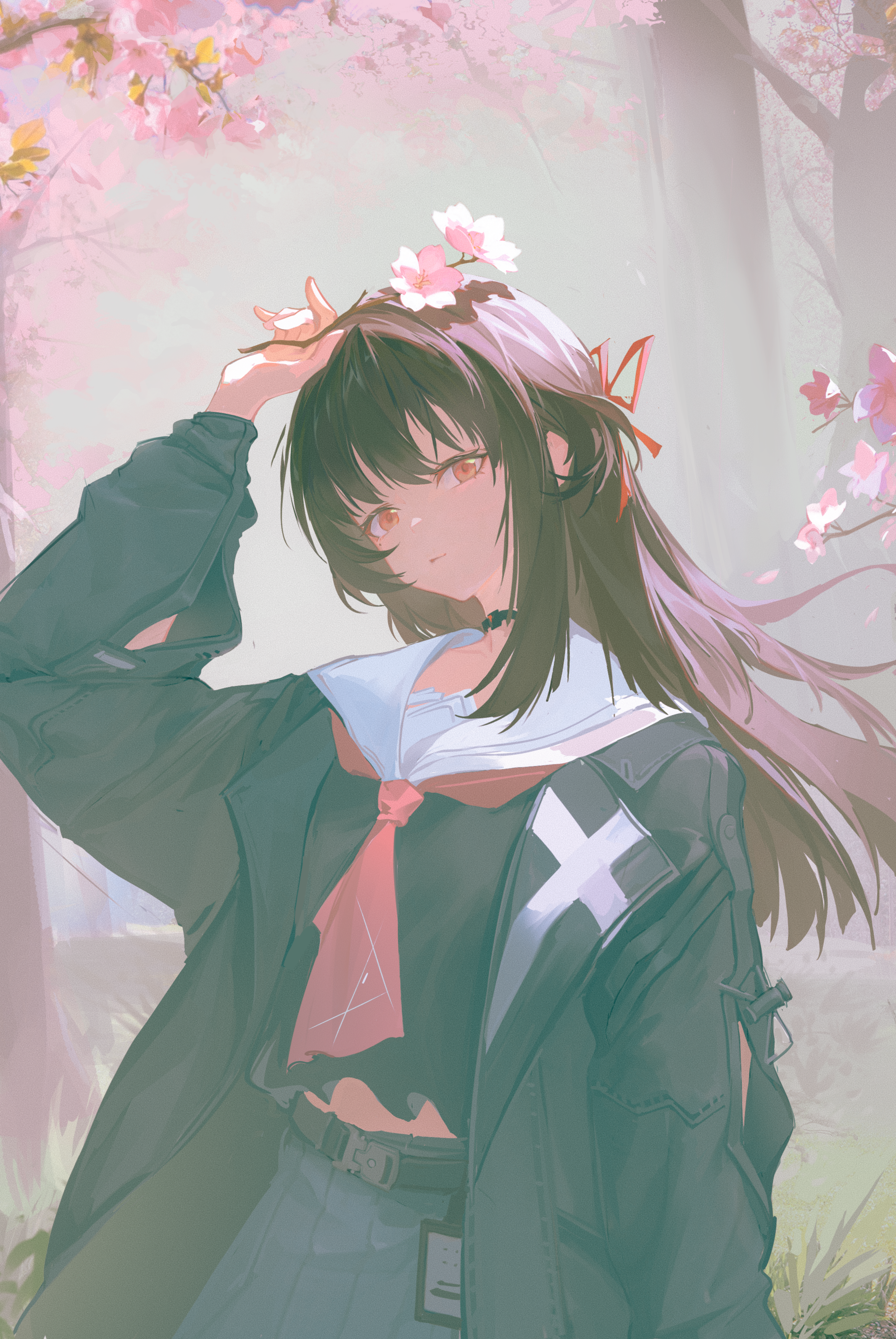 chisa (wuthering waves), wuthering waves, absurdres, chinese commentary, commentary, highres, procreate (medium), 1girl, arm cutout, arm up, black choker, black hair, black jacket, black serafuku, black shirt, black skirt, choker, clothing cutout, flower, gukai894, hair ribbon, holding, holding flower, jacket, long hair, long sleeves, looking at viewer, neckerchief, red eyes, red neckerchief, red ribbon, ribbon, sailor collar, school uniform, serafuku, shirt, skirt, solo, upper body, white sailor collar