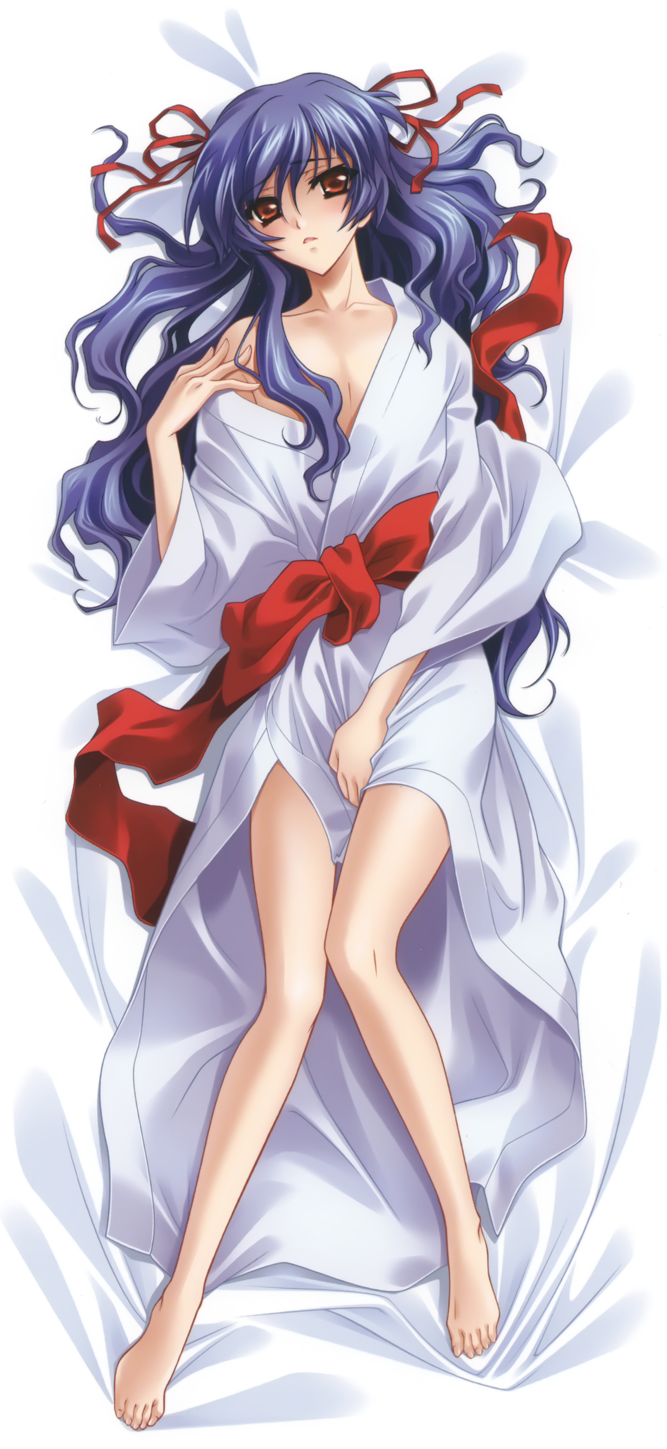 nishida asako, kamiazuma touka, touka gettan, absurdres, highres, 00s, barefoot, blue hair, crossdressing, dakimakura (medium), feet, full body, japanese clothes, long hair, male focus, orange eyes, solo, trap