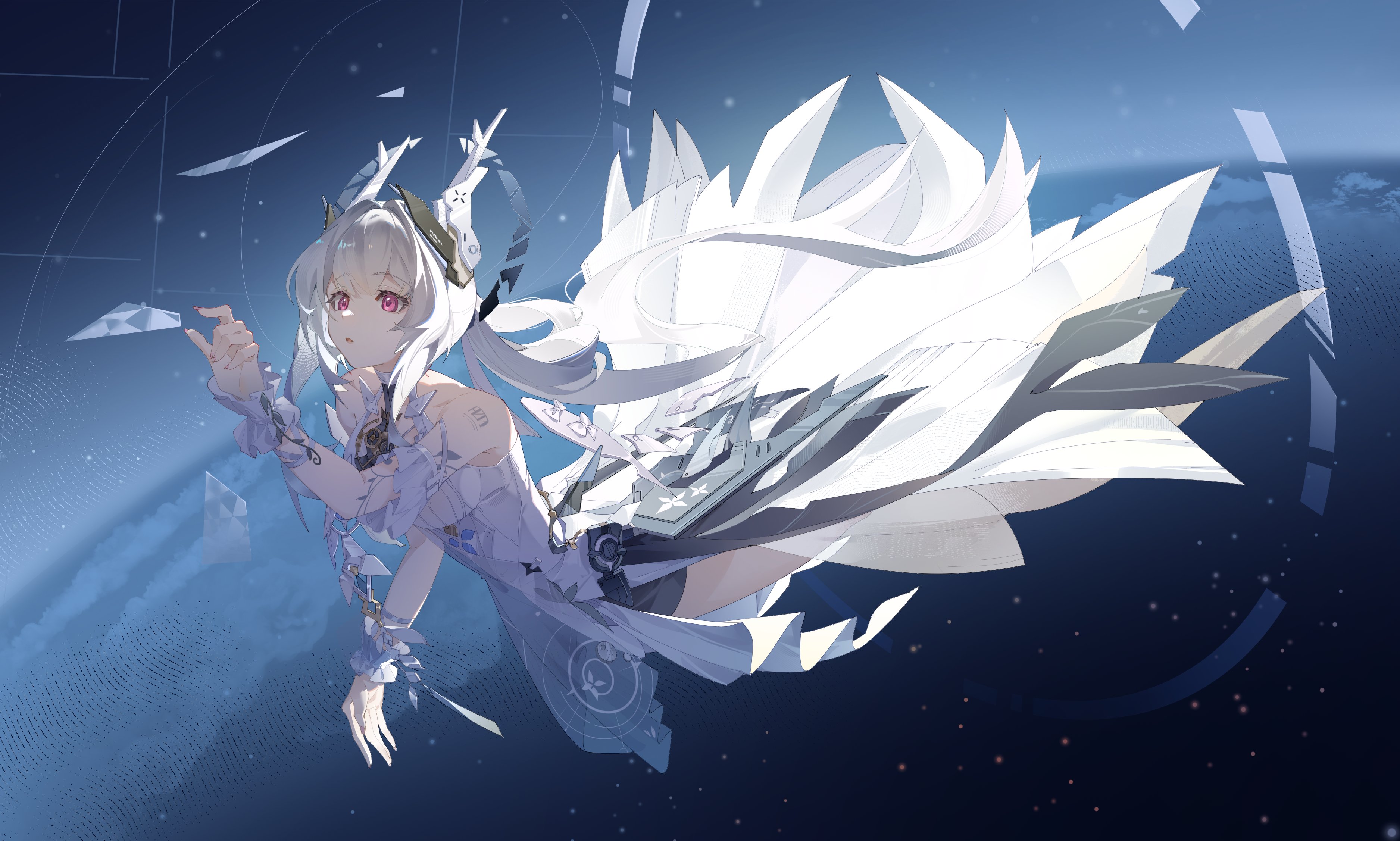 mizu moku shio, liv: limpidity (pgr), liv (pgr), punishing: gray raven, absurdres, commentary request, highres, 1girl, arm up, earth (planet), fingernails, floating, floating headgear, frilled cuffs, headgear, looking ahead, nail polish, parted lips, planet, purple eyes, purple nails, shoulder tattoo, solo, space, tattoo, white hair, white wrist cuffs, wrist cuffs