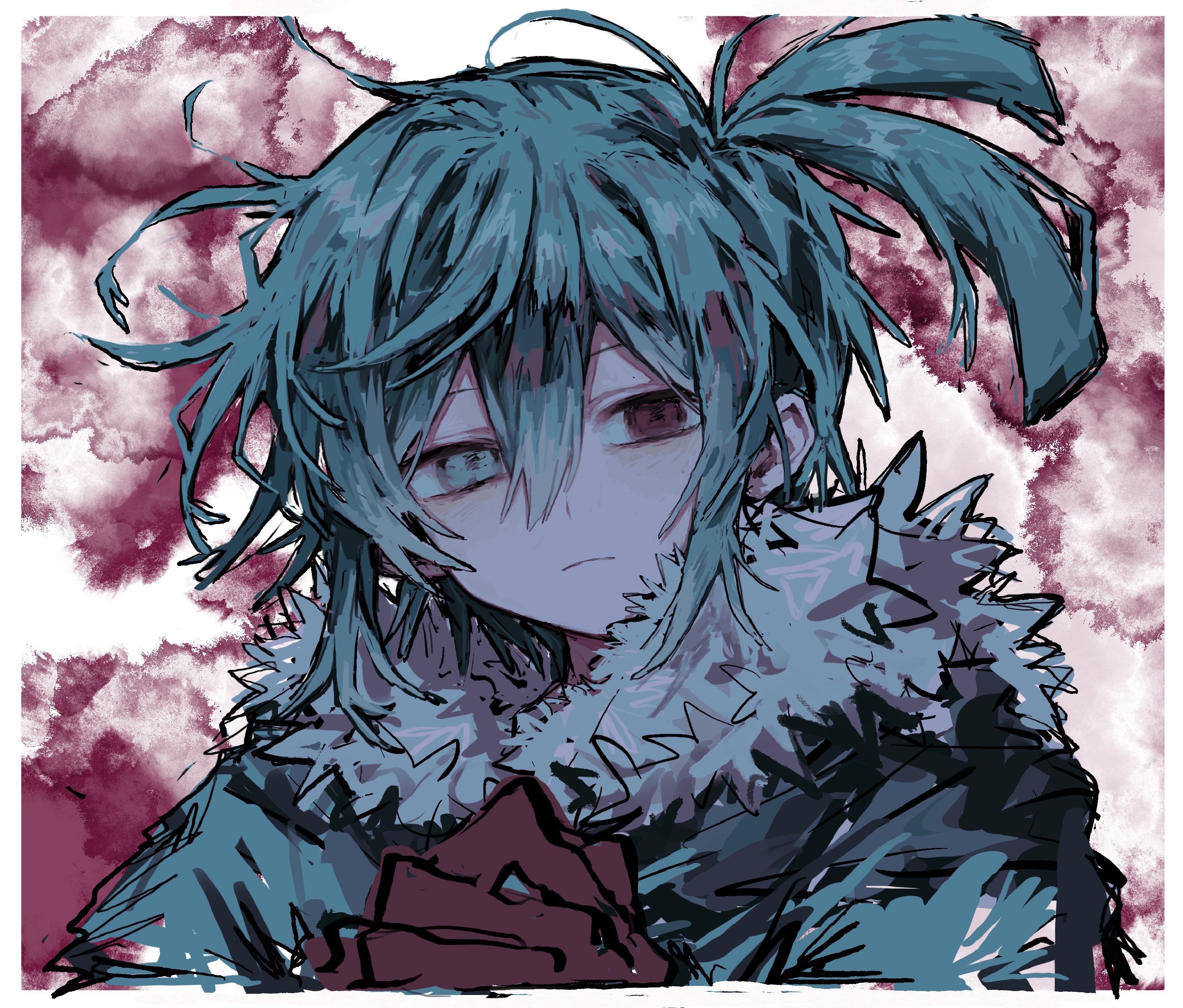 griffon0416, sig (puyopuyo), puyopuyo, absurdres, commentary request, highres, 1boy, blue eyes, blue hair, closed mouth, double-parted bangs, hair between eyes, looking at viewer, male focus, red eyes, short hair, sidelocks, solo, upper body