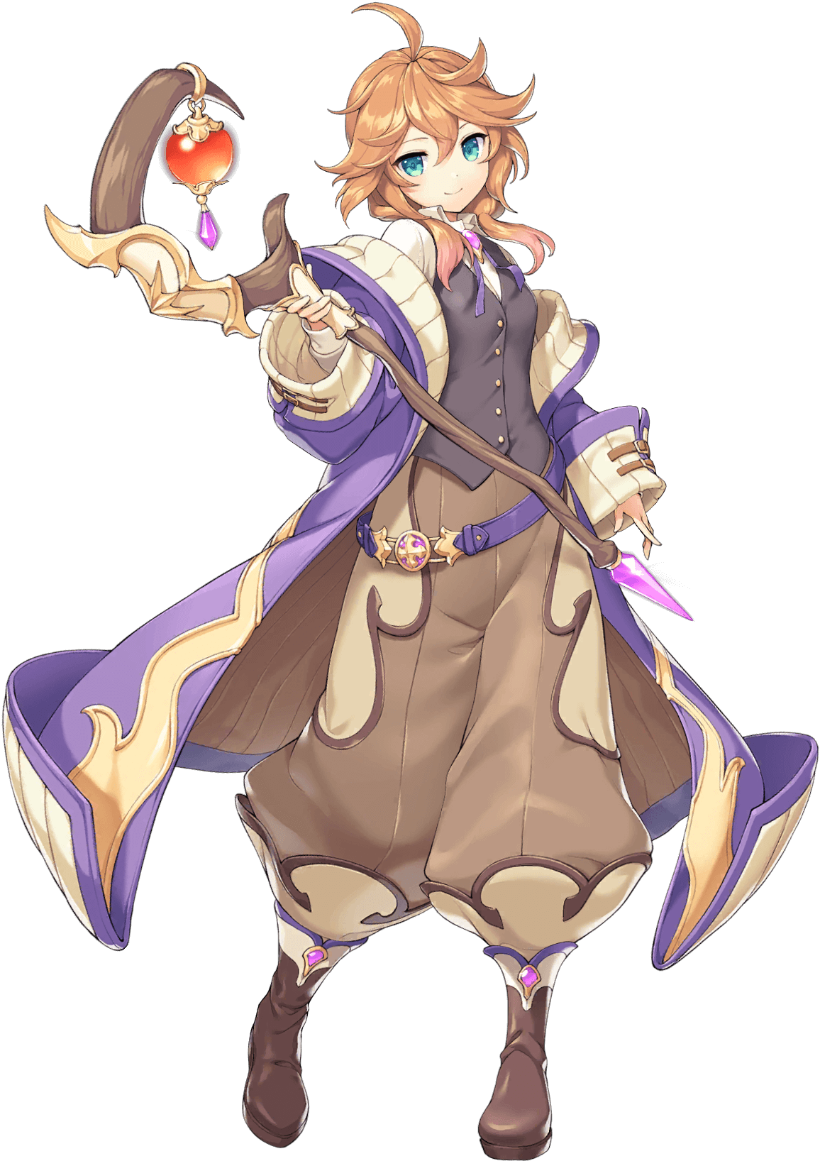 hohenheim (legend clover), legend clover, artist request, game cg, highres, official art, third-party source, 1girl, belt, boots, breasts, buttons, cross, full body, green eyes, hair over shoulder, holding, holding staff, light smile, long sleeves, official alternate costume, orange hair, puffy pants, short hair, small breasts, solo, staff, transparent background