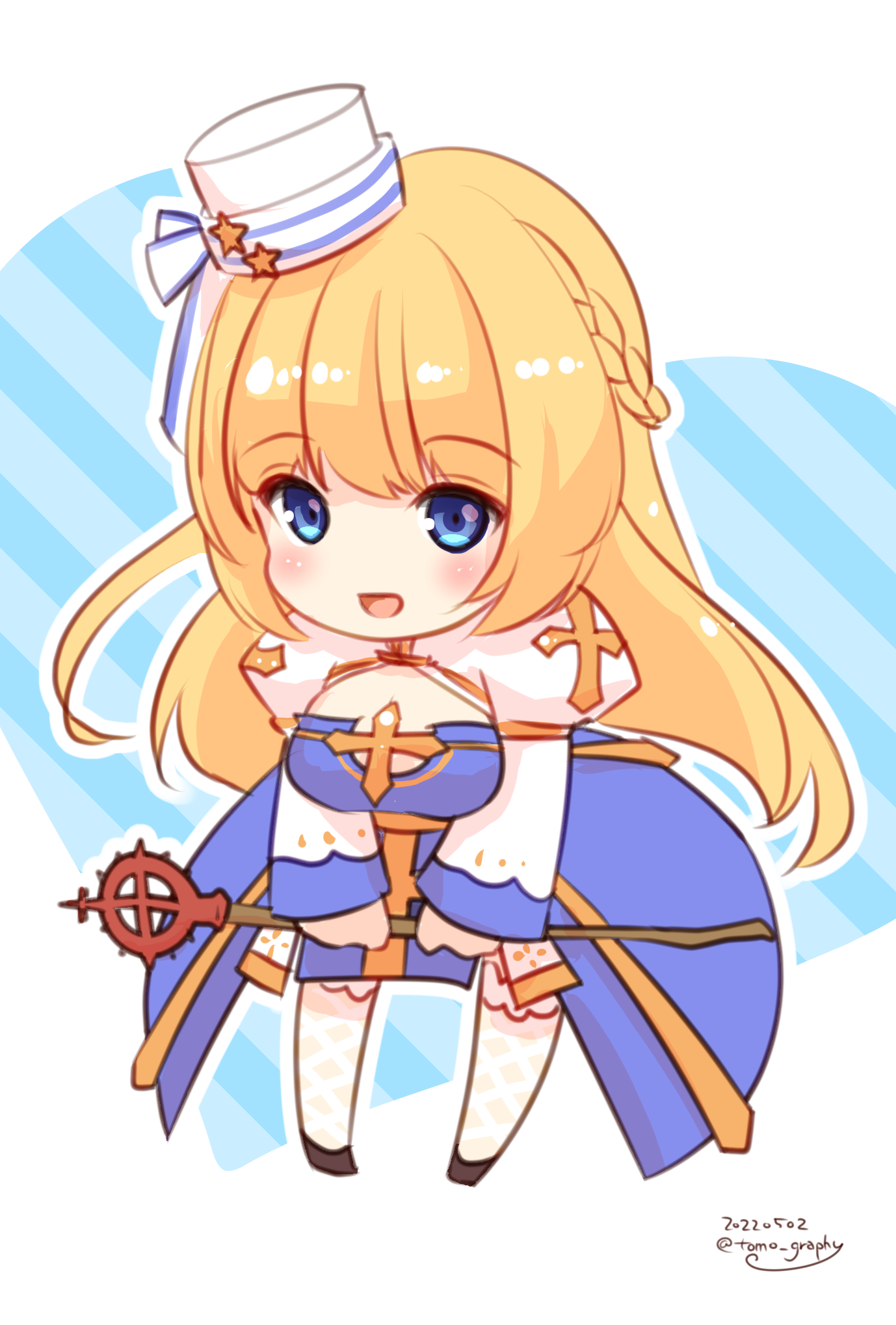 sakuraji tomoka, arch bishop (ragnarok online), ragnarok masters, ragnarok online, commentary request, highres, 1girl, black shoes, blonde hair, blue background, blue dress, blue eyes, blush, bow, braid, breasts, chibi, chibi only, cleavage cutout, clothing cutout, crosier, cross, dated, dress, fishnet thighhighs, fishnets, full body, half up braid, hat, hat bow, hat ornament, heart, holding, holding staff, juliet sleeves, large breasts, leaning forward, long hair, long sleeves, looking at viewer, open mouth, pillbox hat, puffy sleeves, sash, shoes, smile, solo, staff, star (symbol), star hat ornament, thighhighs, two-tone dress, white background, white bow, white dress, white hat, white thighhighs, yellow sash