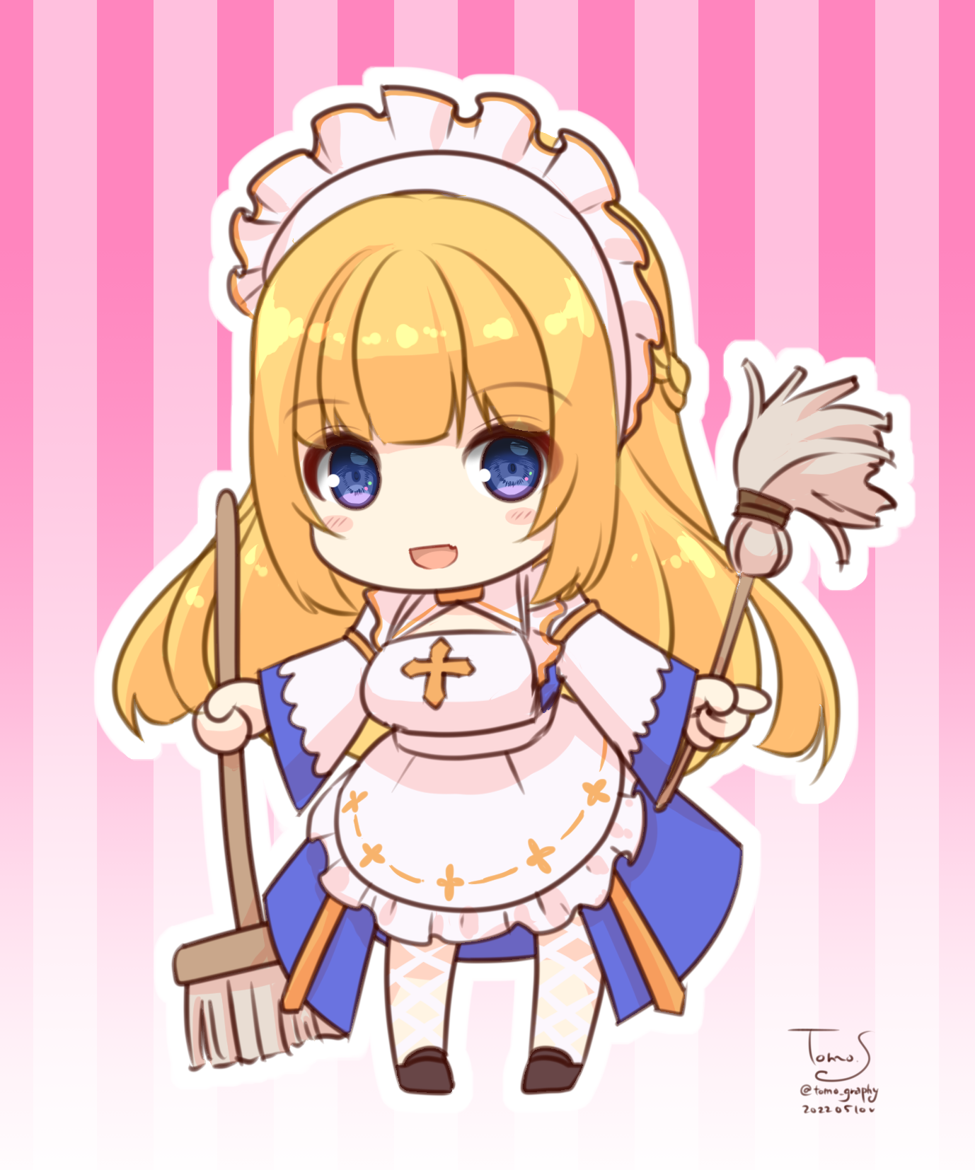 sakuraji tomoka, arch bishop (ragnarok online), ragnarok masters, ragnarok online, commentary request, highres, 1girl, apron, black shoes, blonde hair, blue dress, blue eyes, blush, broom, chibi, chibi only, cross, dated, dress, duster, fishnet thighhighs, fishnets, full body, gradient background, holding, holding broom, holding duster, long hair, looking at viewer, maid headdress, open mouth, pink background, shoes, signature, smile, solo, striped background, thighhighs, two-tone dress, vertical-striped background, white apron, white dress, white thighhighs