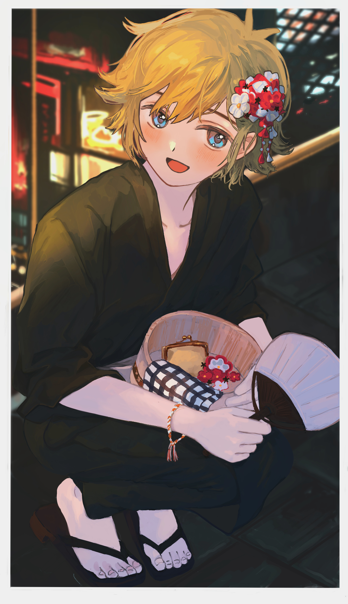 kanaraki, basil (faraway) (omori), basil (omori), omori, commentary request, highres, 1boy, alternate costume, antenna hair, black kimono, blonde hair, blue eyes, blush, collarbone, hand fan, holding, holding fan, japanese clothes, kimono, long sleeves, looking at viewer, male focus, open mouth, short hair, smile, solo