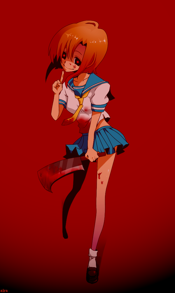 aira (radturee), ryuuguu rena, higurashi no naku koro ni, bad id, bad pixiv id, 00s, 1girl, billhook, blood, blood on face, female focus, glowing, glowing eyes, hashitsuki nata, hatchet, miniskirt, nata (tool), orange hair, red eyes, red theme, school uniform, serafuku, short hair, skirt, socks, solo