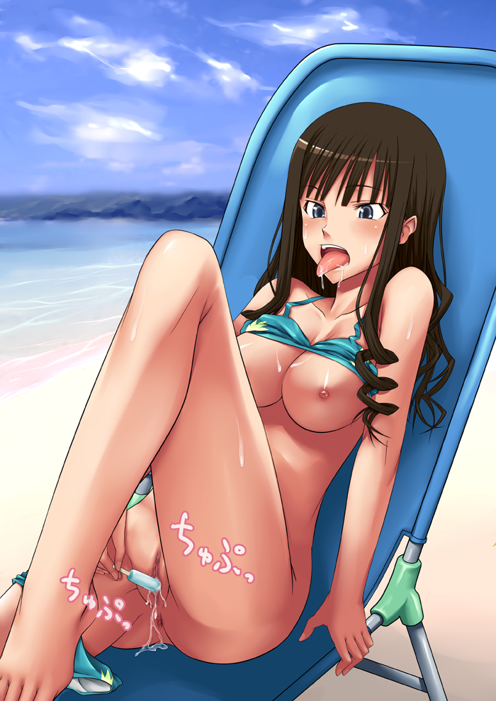hamihe, morishima haruka, amagami, 1girl, anus, barefoot, beach, bikini, bikini top lift, blush, breasts, brown hair, chair, clothes lift, cloud, day, drooling, female focus, female masturbation, food, large breasts, lounge chair, masturbation, nipples, object insertion, outdoors, popsicle, pussy, ringlets, saliva, sky, solo, swimsuit, text focus, tongue, topless female, uncensored, vaginal, vaginal object insertion, water
