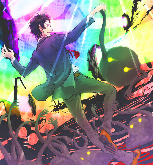 ito (pixiv), adachi tooru, atlus, persona, persona 4, bad id, bad pixiv id, spoilers, 1boy, brown hair, dancing, disco, dutch angle, male focus, monster, necktie, solo