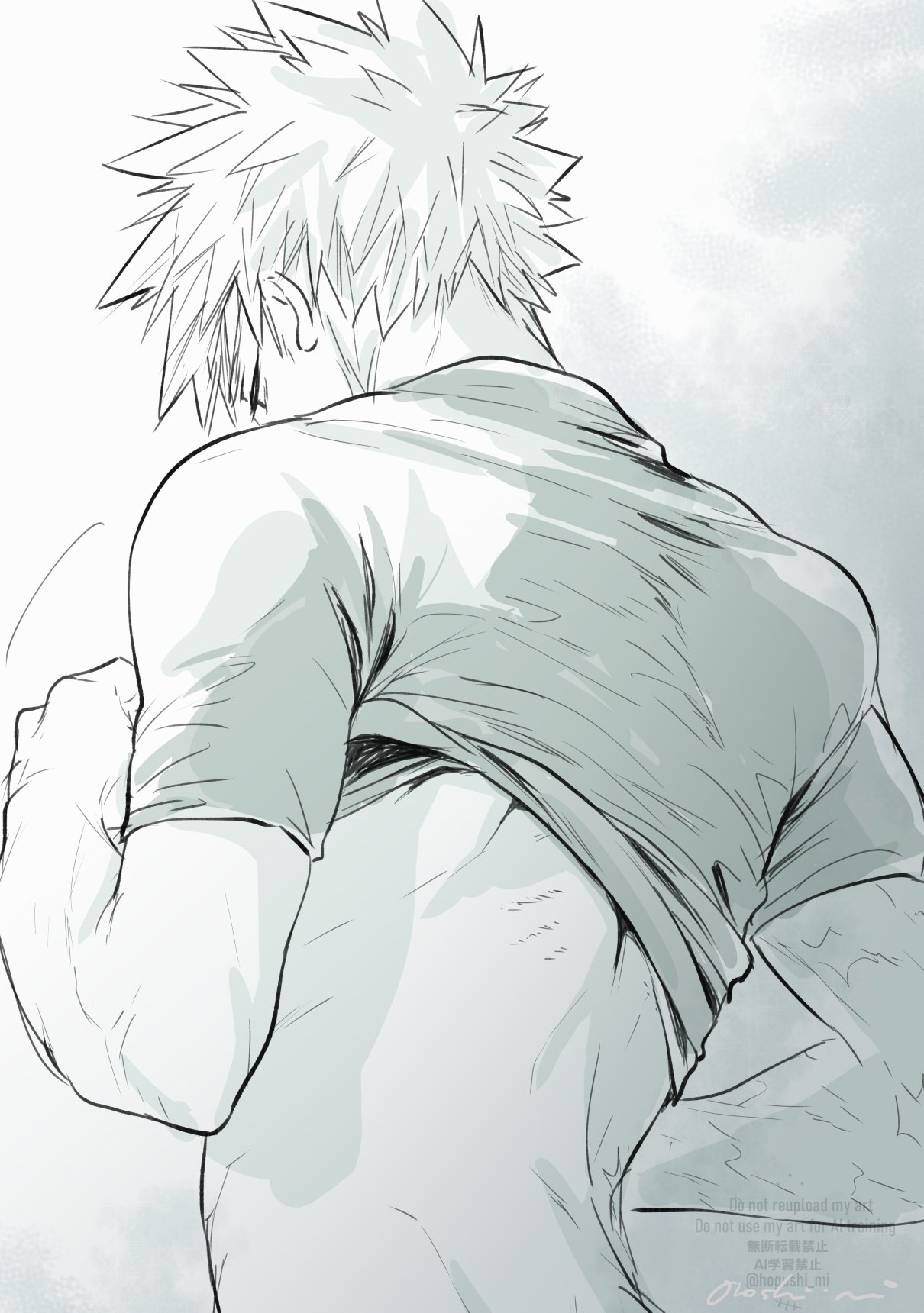 oroshi mi, bakugou katsuki, boku no hero academia, highres, 1boy, arm up, clothes lift, cowboy shot, from behind, greyscale, looking down, male focus, monochrome, scar, scar on arm, shirt, shirt lift, short hair, short sleeves, signature, solo, spiked hair, watermark