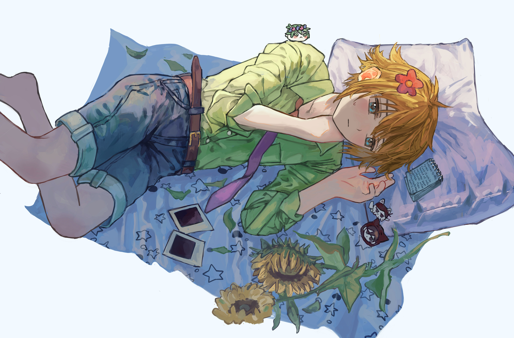 kanaraki, basil (faraway) (omori), basil (headspace) (omori), basil (omori), omori (omori), omori, commentary request, highres, 1boy, alternate costume, animalization, antenna hair, barefoot, belt, blonde hair, blue eyes, blue shorts, blush, brown belt, closed mouth, denim, denim shorts, flower, hair flower, hair ornament, lying, male focus, notepad, on side, photo (object), pillow, short hair, shorts, solo, sunflower, sweatdrop
